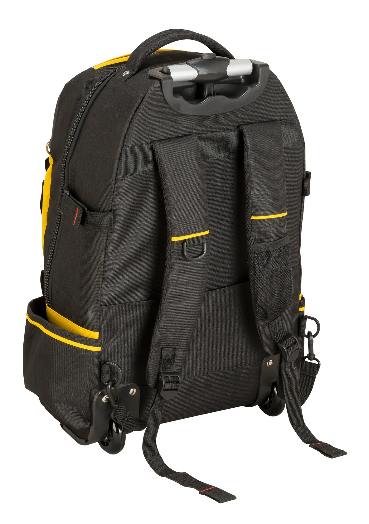 STANLEY 1-79-215 zaino porta attrezzi con ruote, nero e giallo, vista posteriore su sfondo bianco.