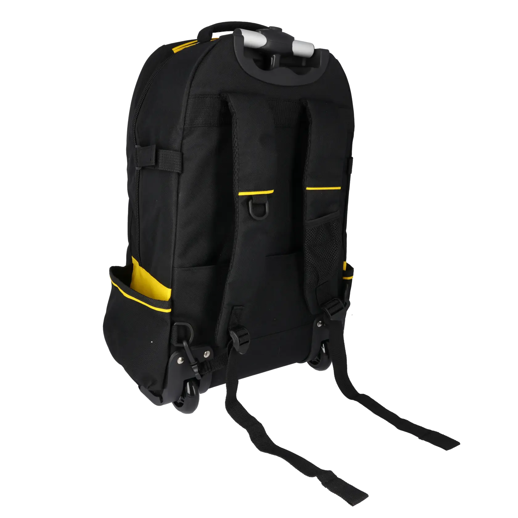 STANLEY 1-79-215 zaino porta attrezzi nero con dettagli gialli, vista posteriore con spallacci e ruote, sfondo bianco.