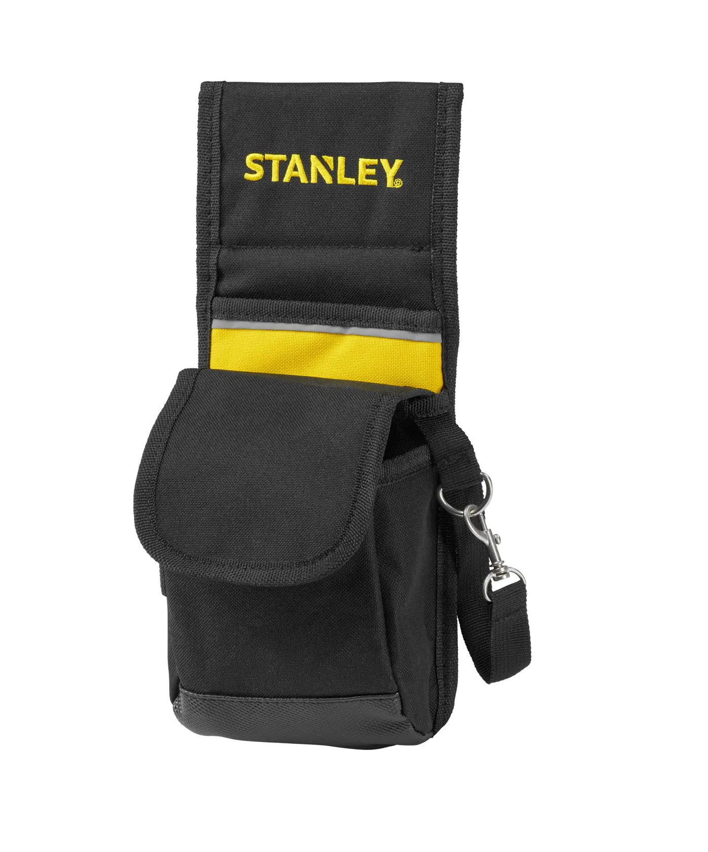 Foto della borsa portautensili nera e gialla STANLEY 1-93-329, vista frontale, con patta e clip in metallo.