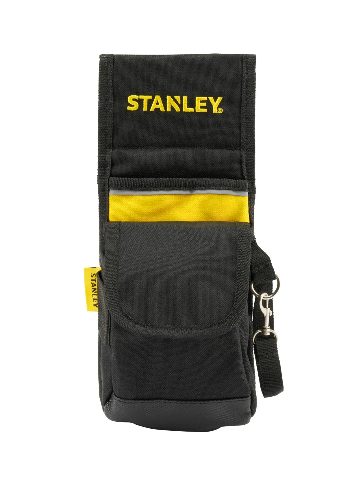Vista frontale della borsa portautensili nera e gialla STANLEY 1-93-329 con patta, tasca e moschettone.