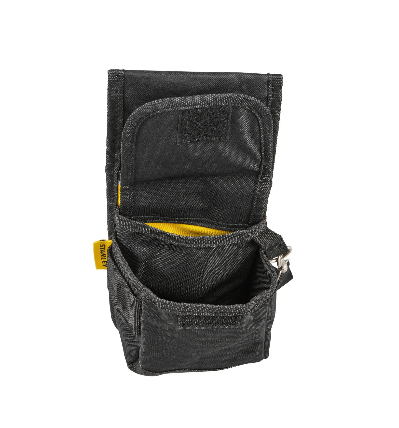 STANLEY 1-93-329 borsa porta attrezzi in tessuto nero con patta aperta, interno giallo, tasche frontali e laterali, sfondo bianco.