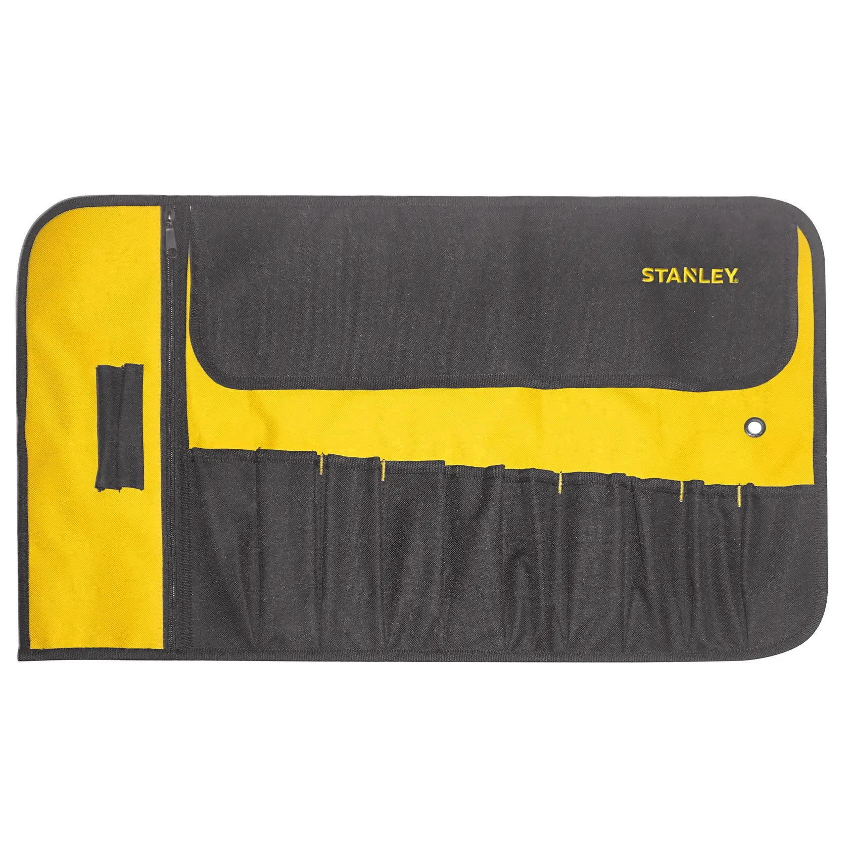 STANLEY 1-93-601 portautensili avvolgibile, tessuto nero e giallo con tasche multiple, vista dall'alto.