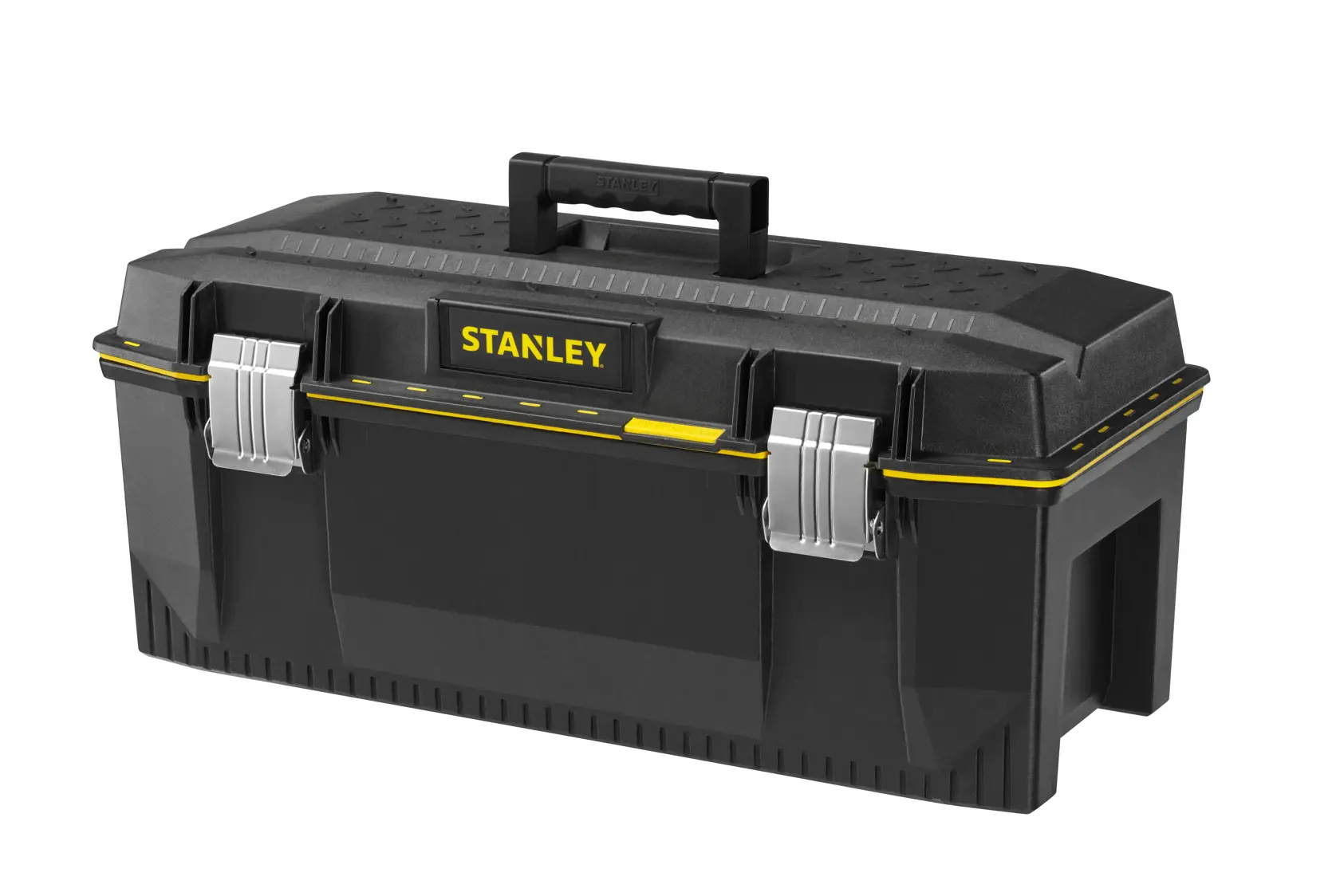 STANLEY 1-93-935 cassetta degli attrezzi in plastica nera con dettagli gialli, doppie chiusure in metallo e maniglia superiore, vista frontale.