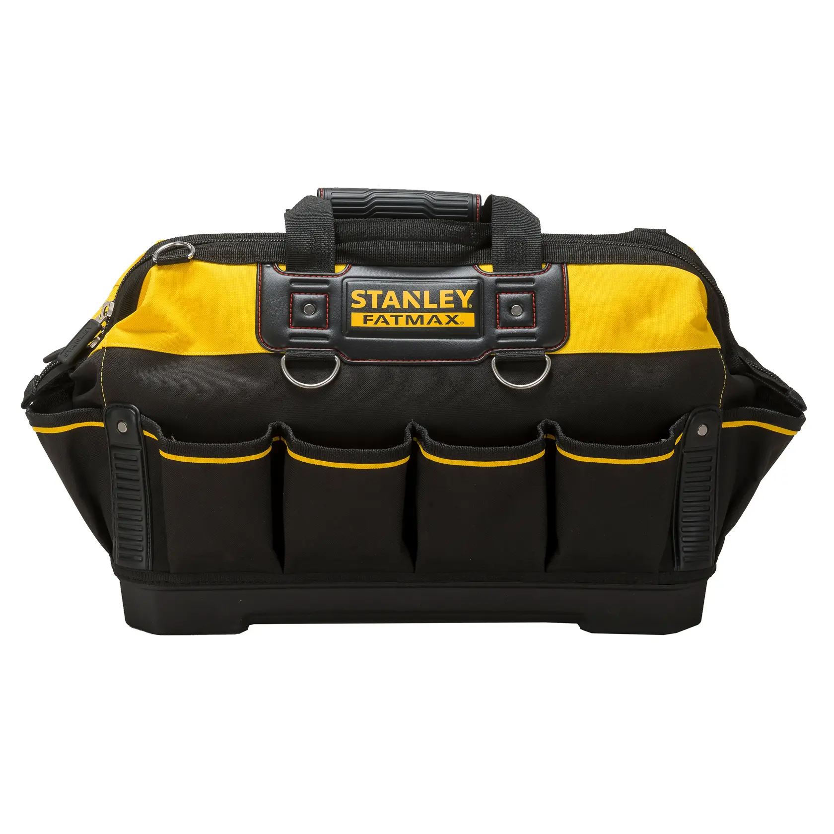 STANLEY 1-93-950 borsa portautensili in tessuto nero e giallo, tasche frontali multiple, vista frontale.