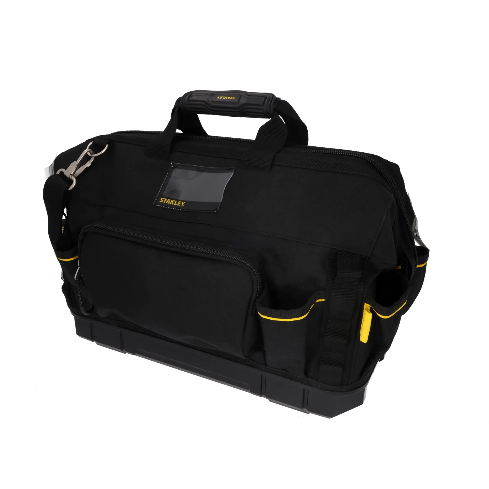 Borsa porta attrezzi STANLEY 1-93-950 con molte tasche esterne, nera e gialla, vista frontale su sfondo bianco.