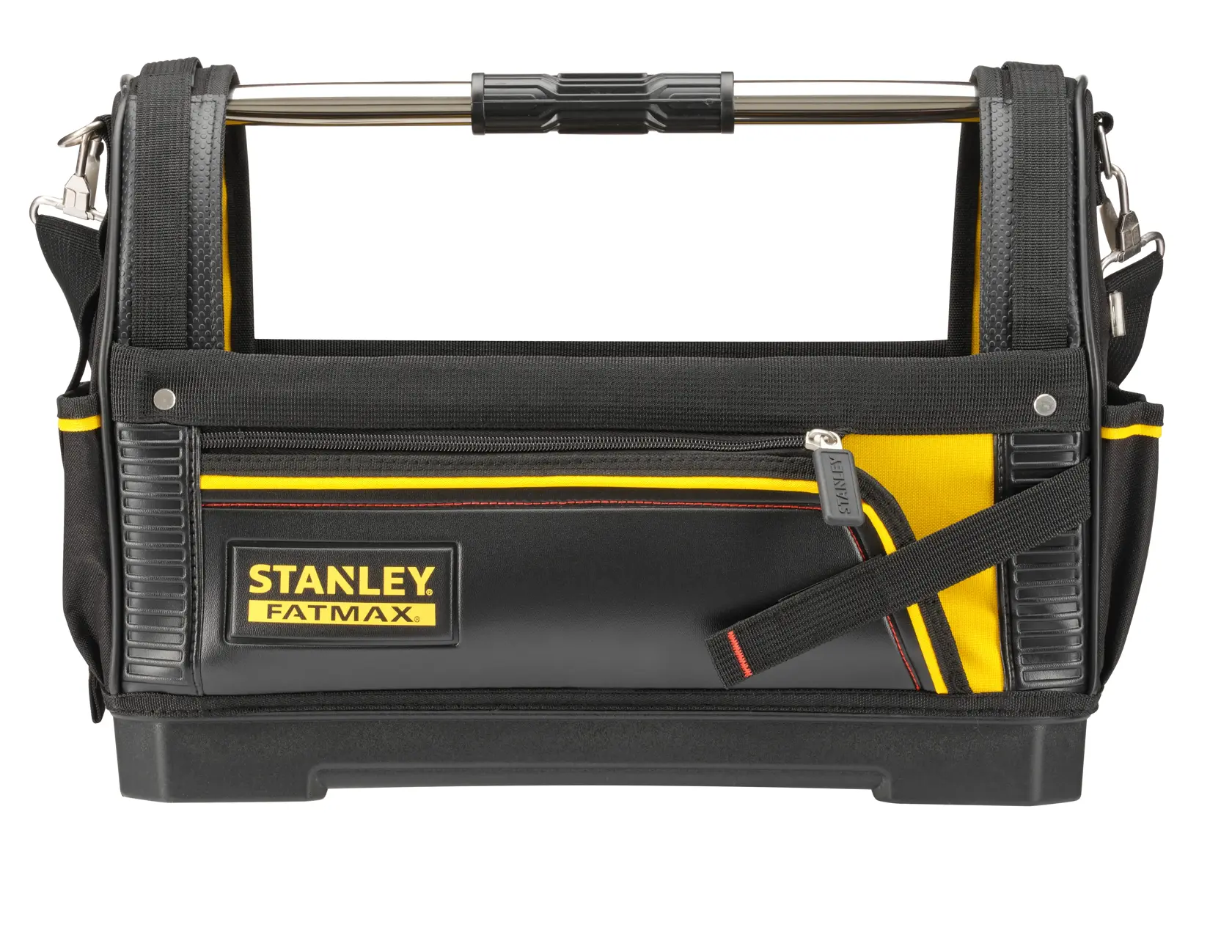STANLEY 1-93-951 borsa porta attrezzi, nera e gialla, vista frontale, apertura superiore e manico in metallo.
