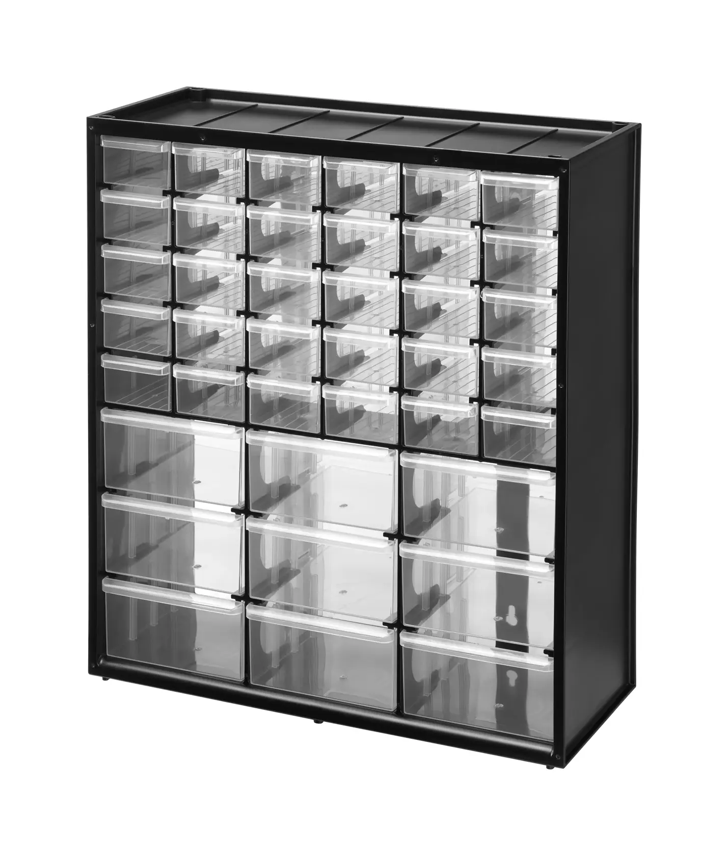 STANLEY 1-93-981 organizer nero con 30 cassetti piccoli e 9 grandi trasparenti, vista frontale.