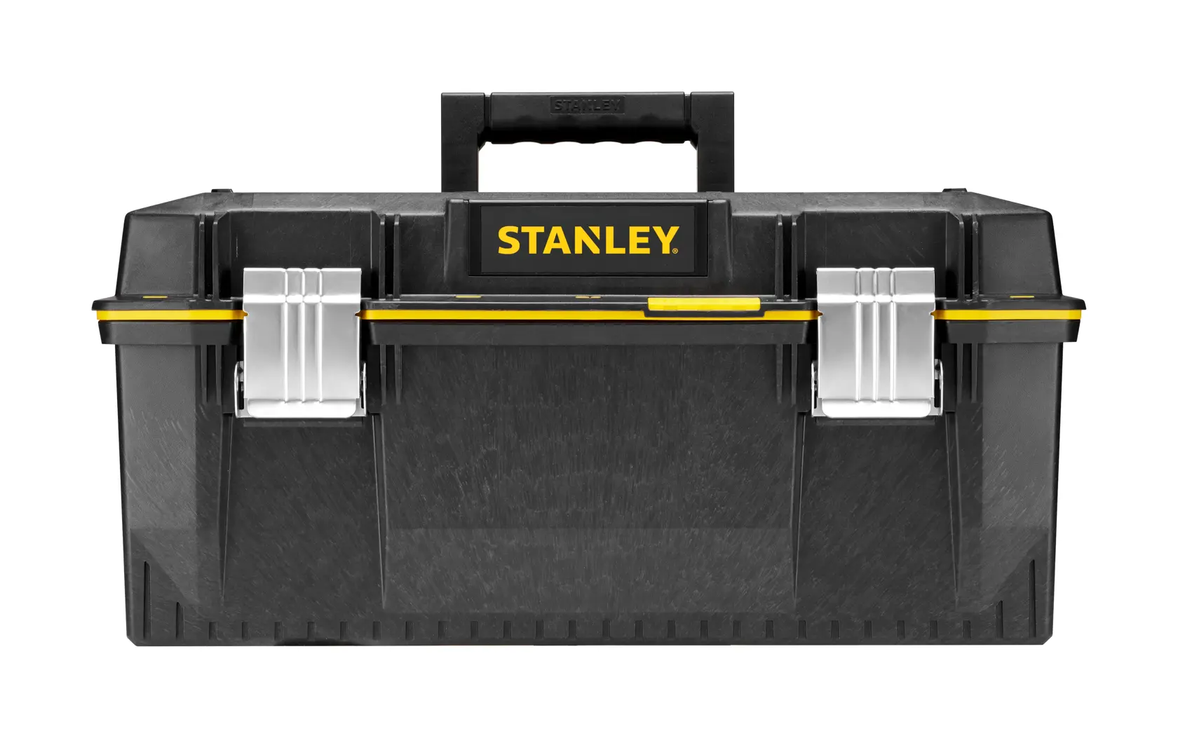 STANLEY 1-94-749 FATMAX cassetta degli attrezzi nera con dettagli gialli, chiusure argentate, foto frontale.