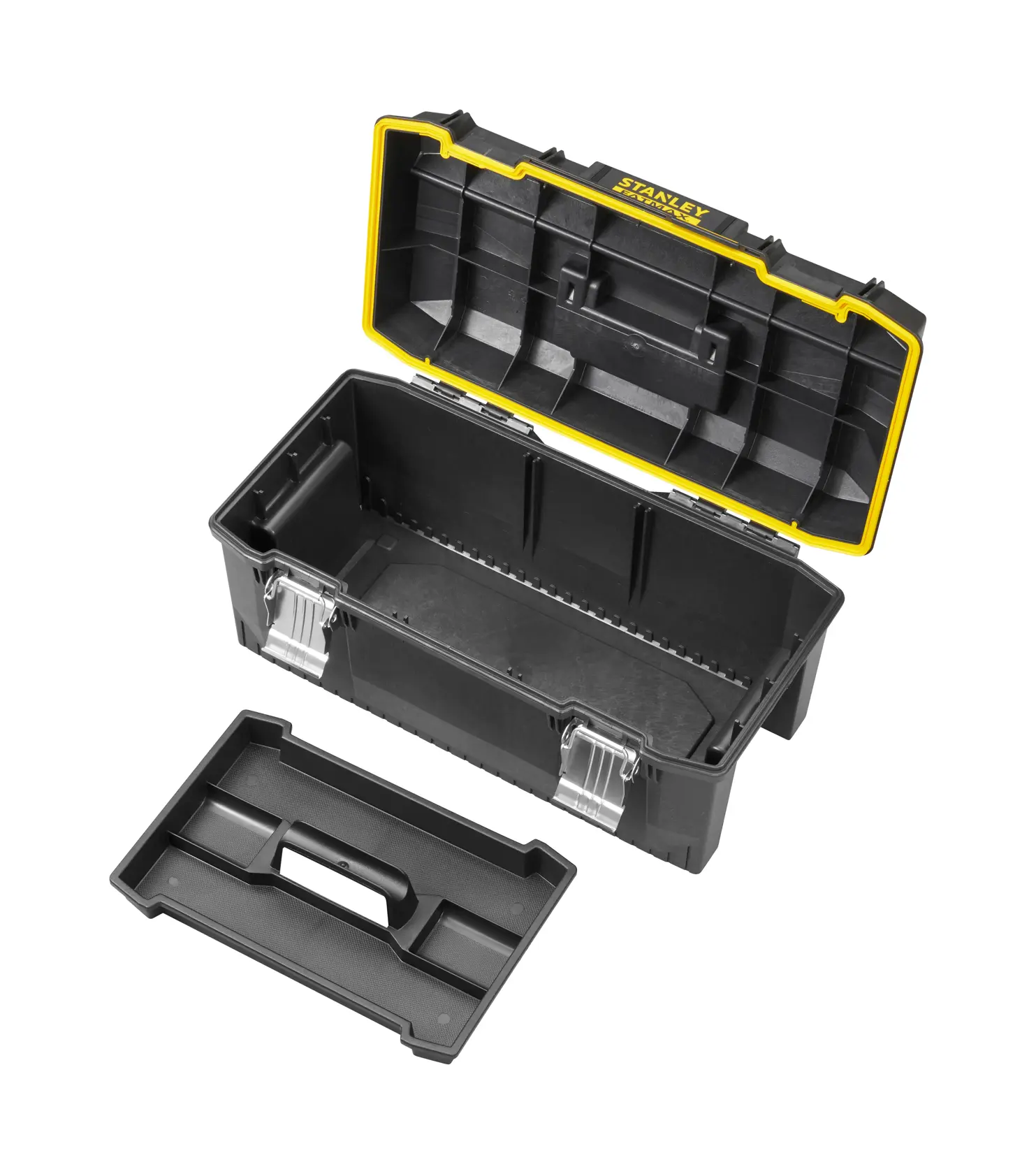STANLEY 1-94-749 cassetta degli attrezzi nera in plastica con coperchio aperto, vassoio rimovibile e chiusure argento, vista frontale.