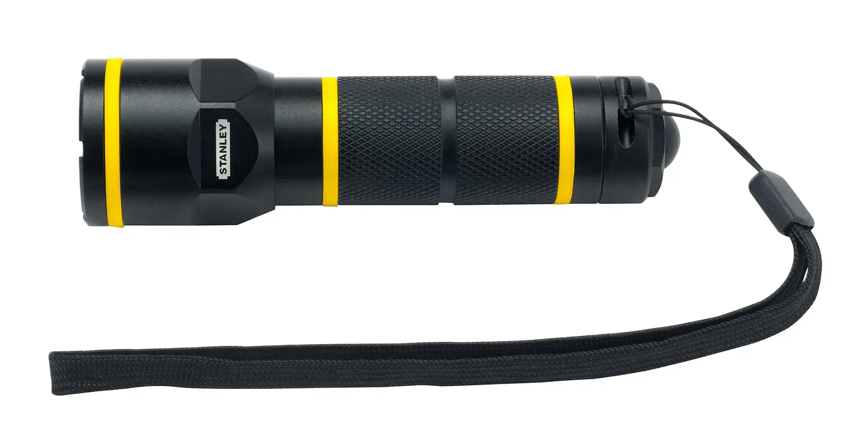 Torcia STANLEY 1-95-152 nera e gialla con cinturino da polso, vista laterale, su sfondo bianco.