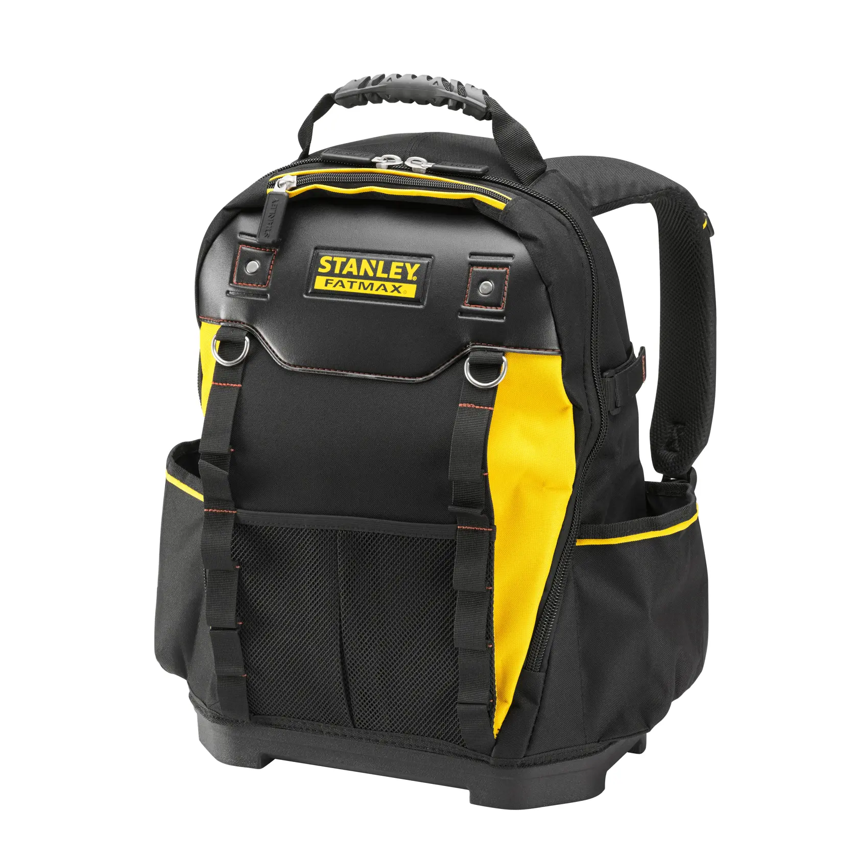 Foto dello zaino porta attrezzi STANLEY 1-95-611, nero e giallo, angolo frontale su sfondo bianco, base resistente, molte tasche.