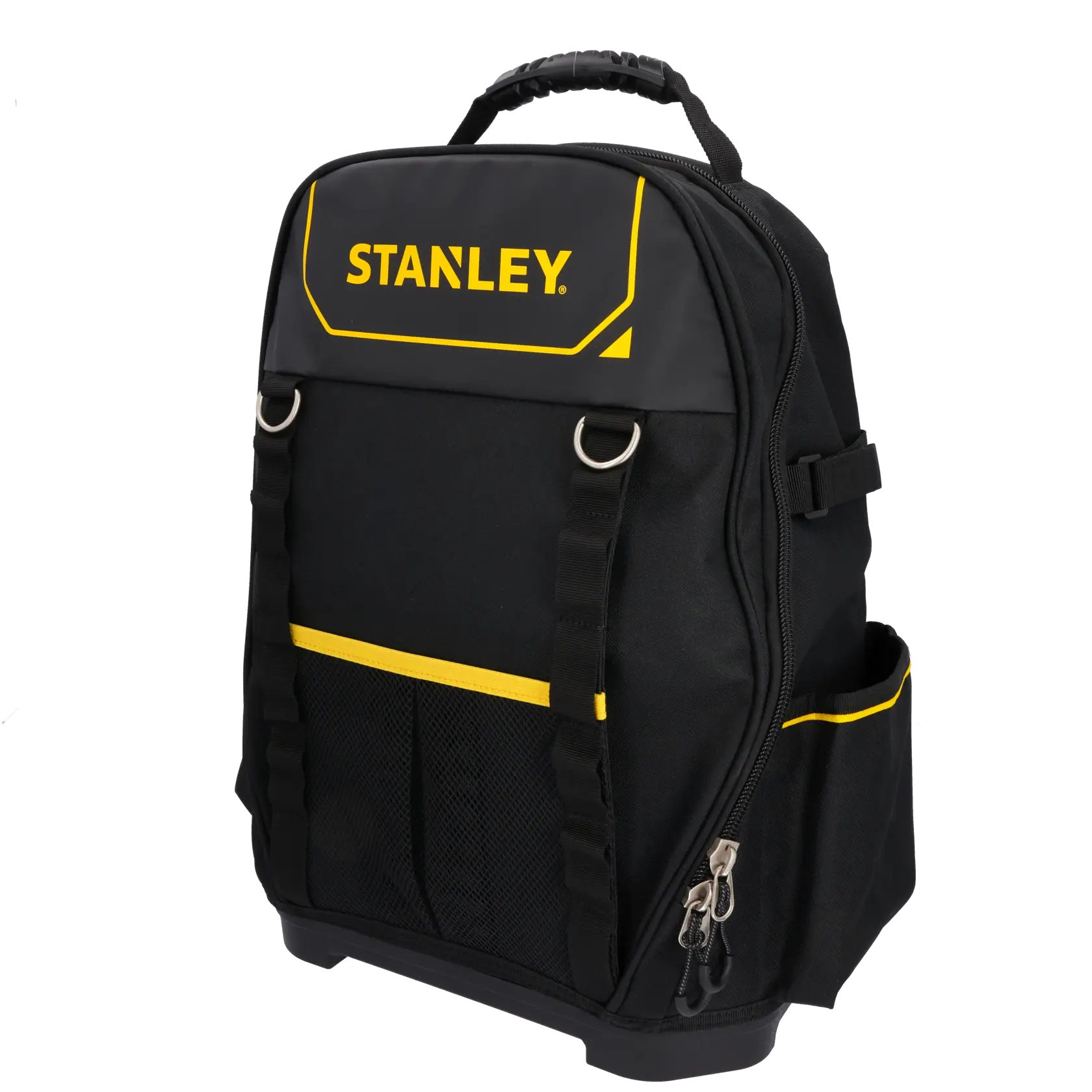 STANLEY 1-95-611 zaino portautensili con interno giallo, vista frontale aperta che mostra utensili a mano e scomparti.