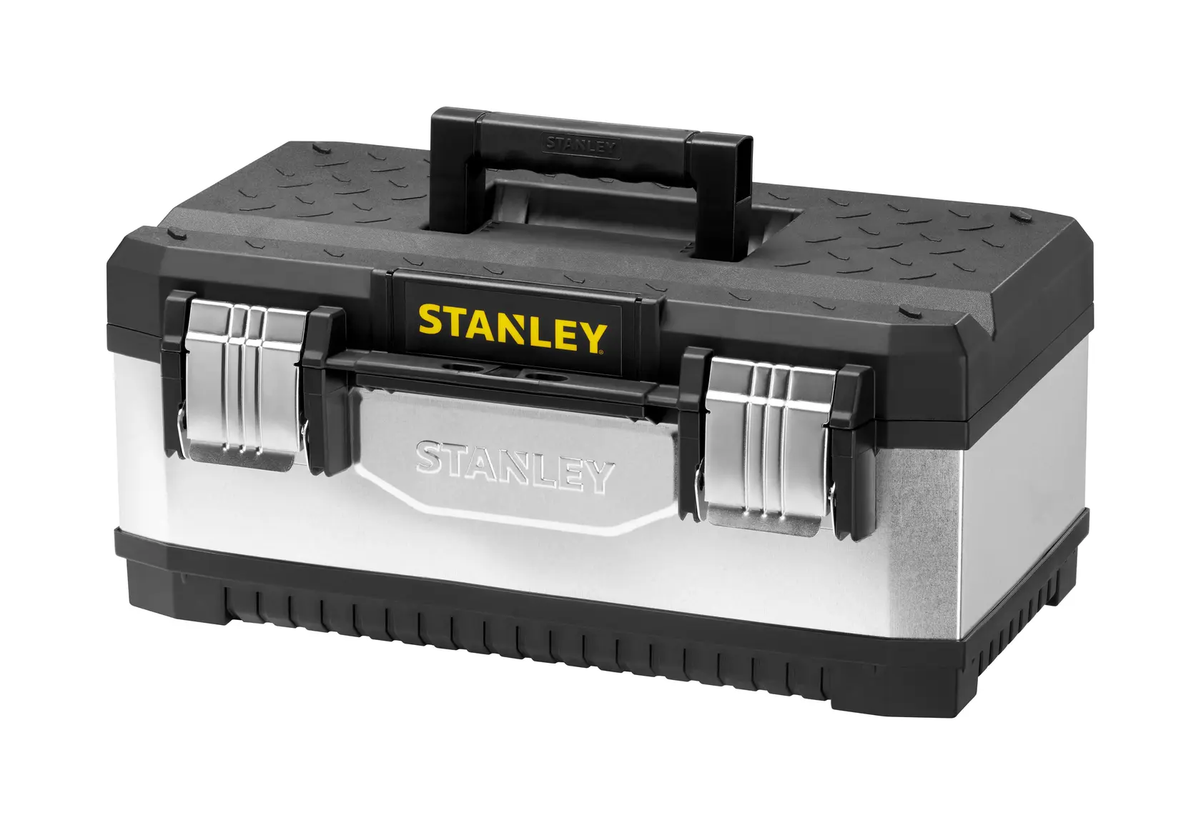 Stanley 1-95-618 cassetta attrezzi, argento e nero, chiusure metalliche, manico robusto, frontale.