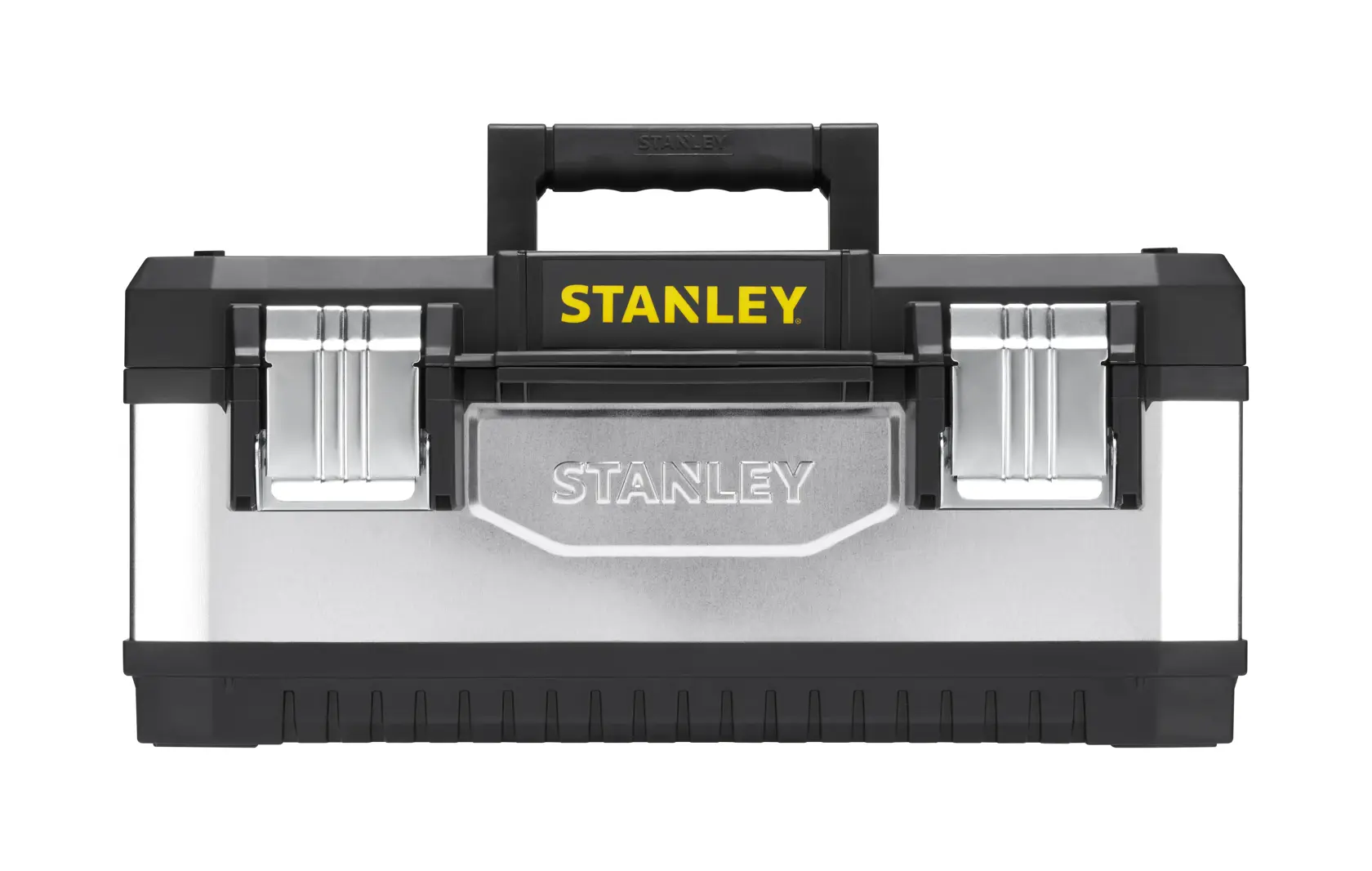 STANLEY 1-95-618 cassetta in metallo con manico nero, doppie chiusure in metallo, vista frontale su sfondo bianco.