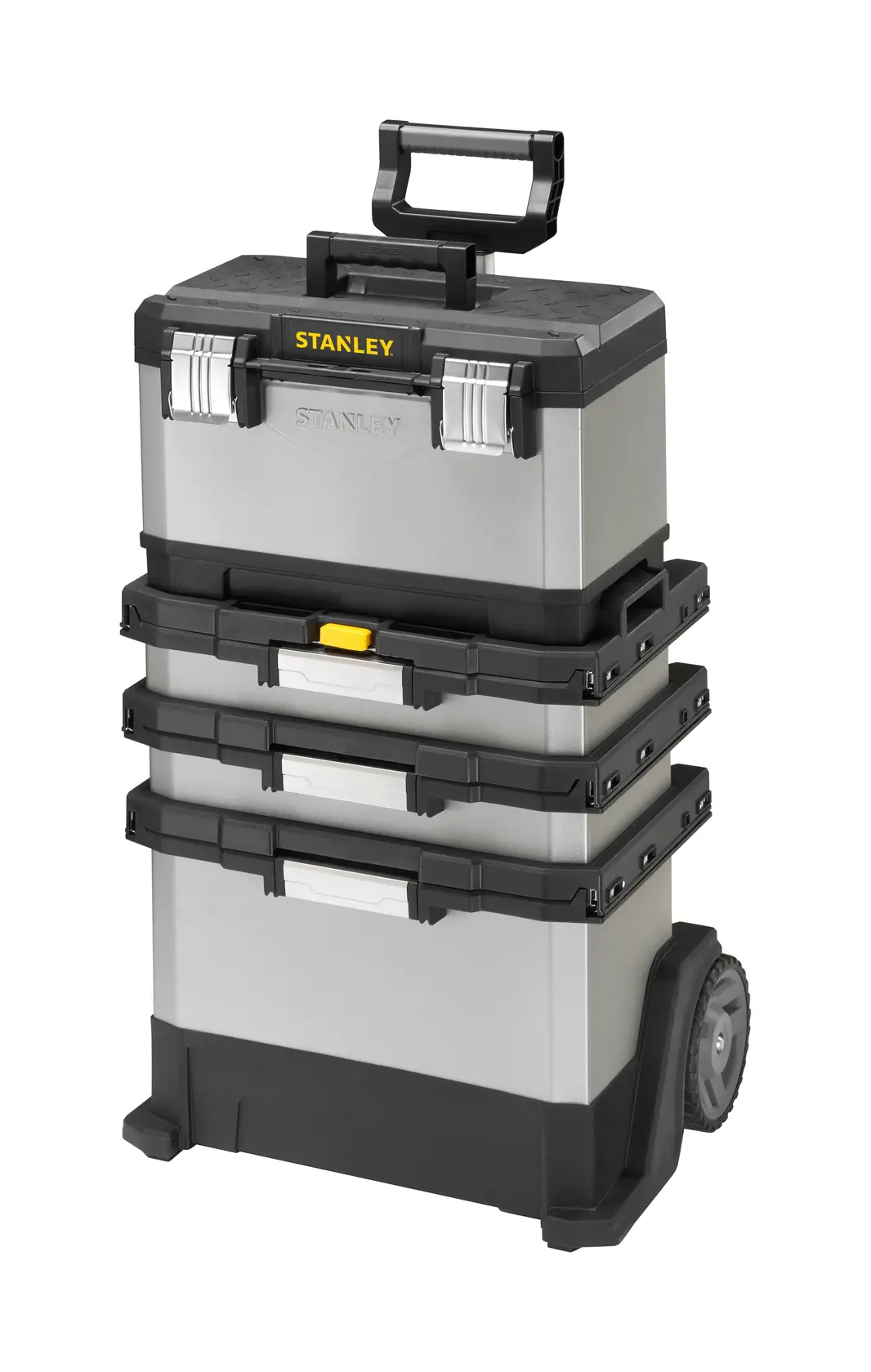 STANLEY 1-95-622 carrello portautensili in metallo con quattro scomparti, nero e argento, foto angolo frontale.