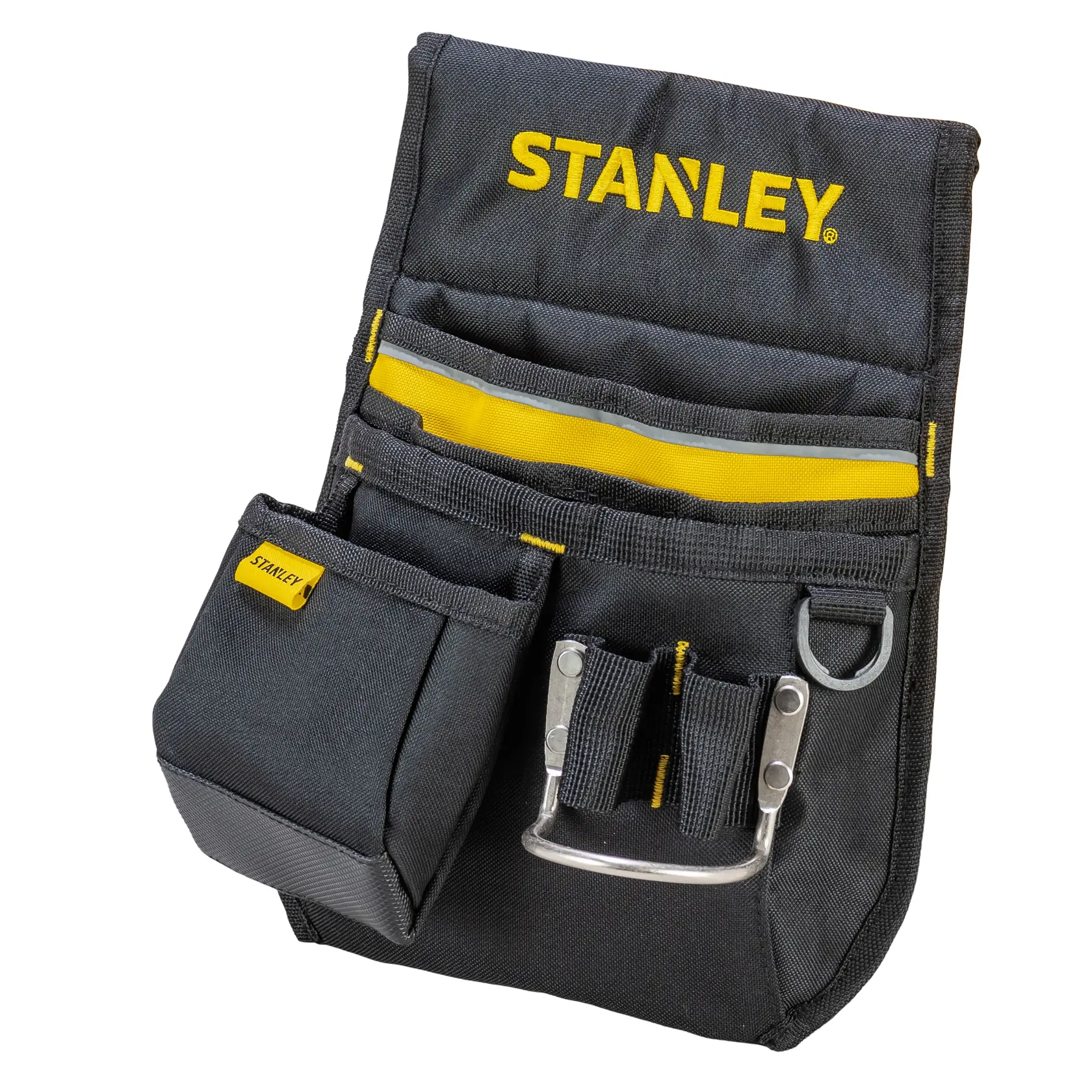 Foto della custodia per attrezzi STANLEY 1-96-181 nera con dettagli gialli, vista frontale, tasche e loop multipli.