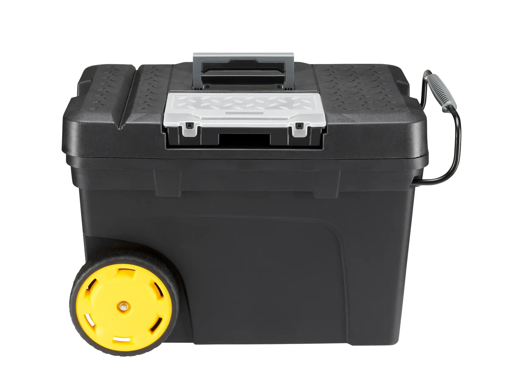 STANLEY 1-97-503 cassetta portautensili su ruote con ruote gialle, corpo nero, coperchio grigio, foto frontale.