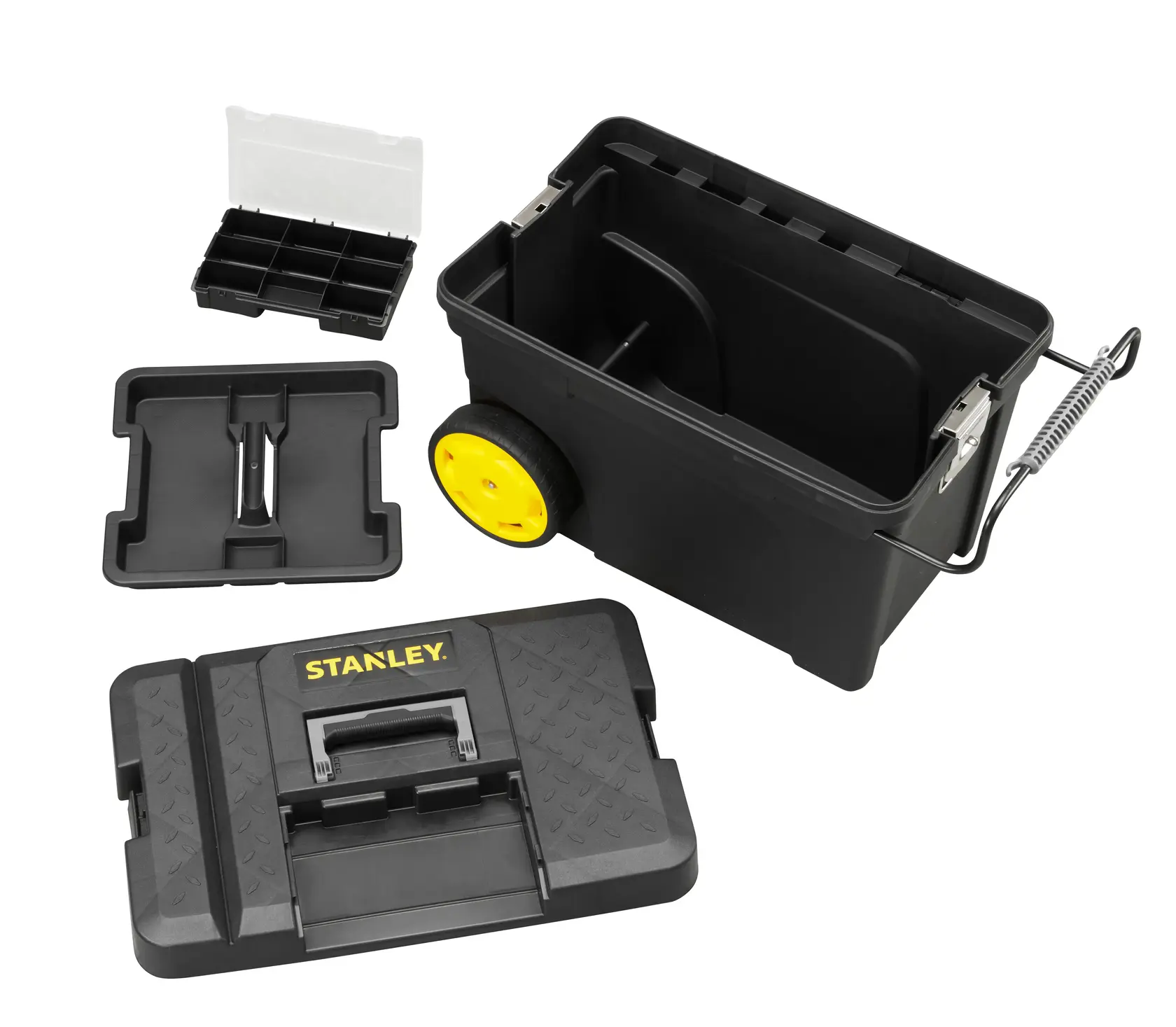 STANLEY 1-97-503 cassetta portautensili nera su ruote aperta con ruote gialle, vassoio rimovibile e organizer, angolo sfondo bianco.