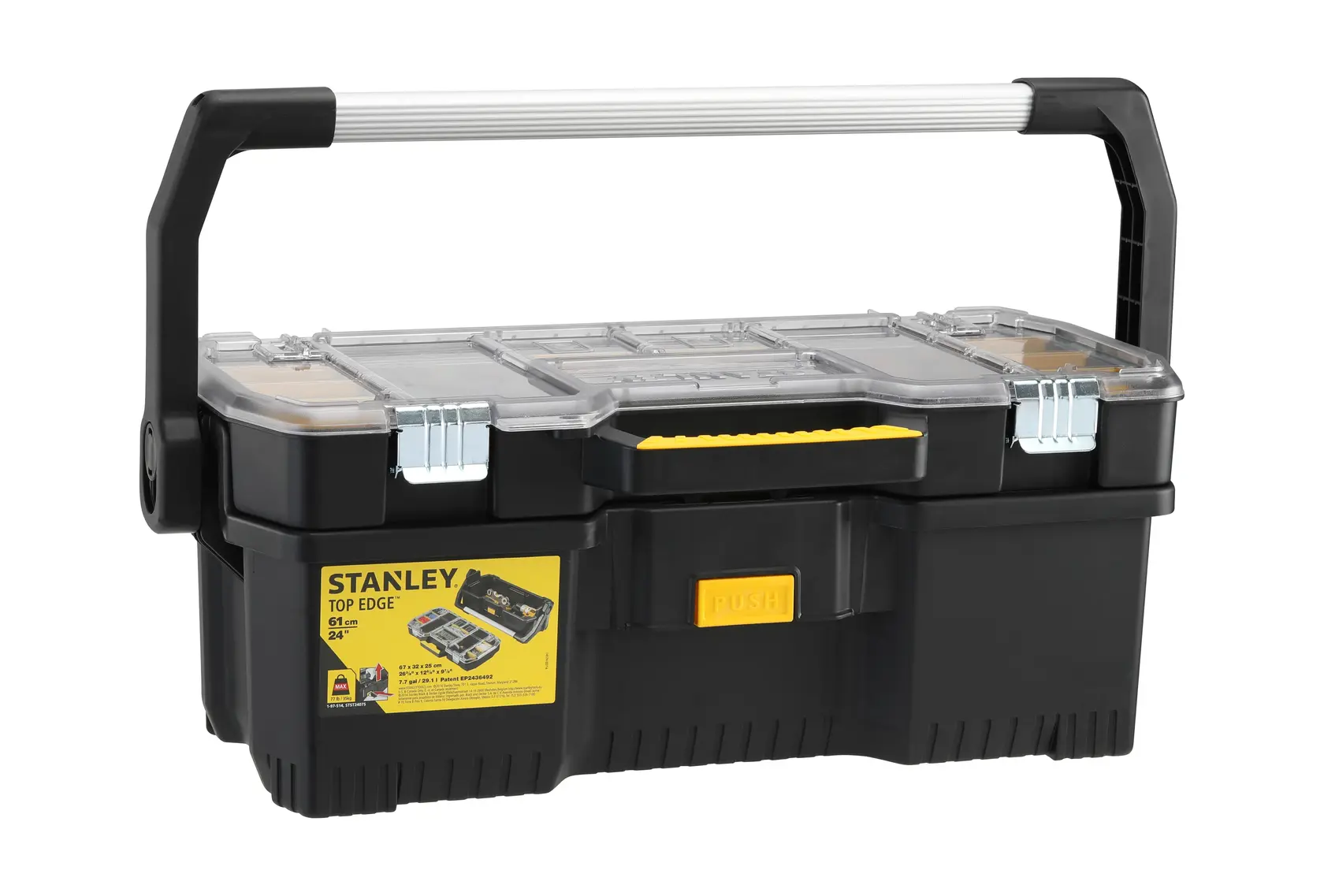 STANLEY SKU 1-97-514 cassetta degli attrezzi nera con scomparti trasparenti sul coperchio, chiusure metalliche e grande maniglia, vista frontale.