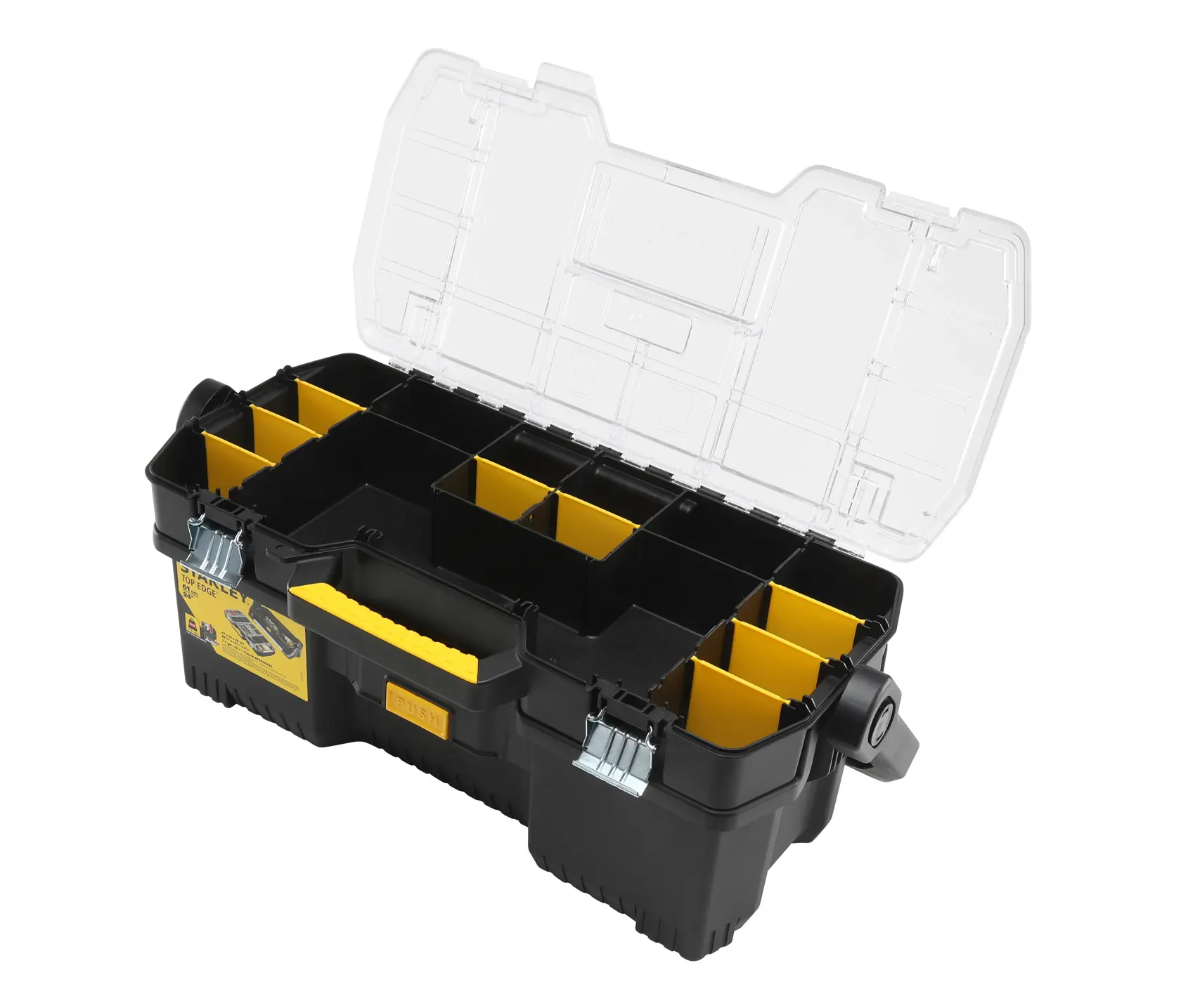 STANLEY 1-97-514 organizer nero con divisori gialli e coperchio trasparente, vista frontale angolata.