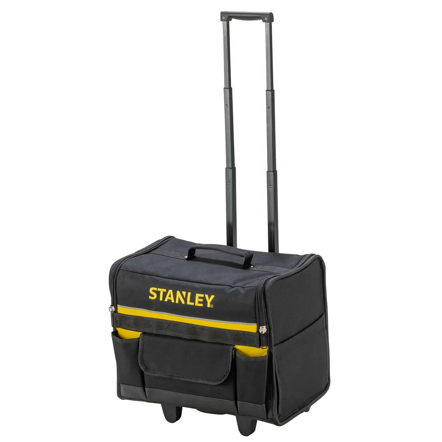 STANLEY 1-97-515 borsa porta attrezzi su ruote, nera con striscia gialla, vista frontale, manico telescopico esteso.