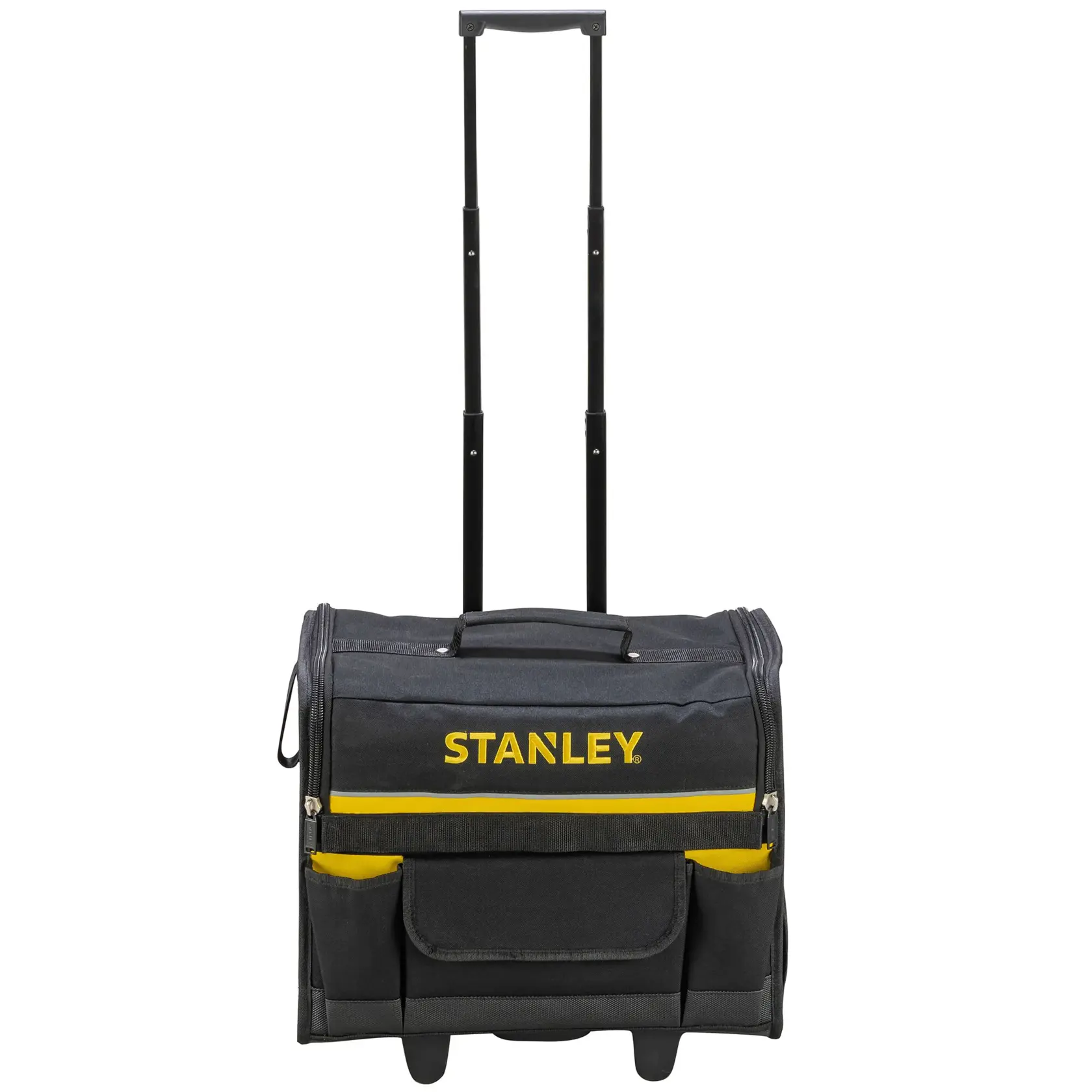 Borsa portautensili con ruote STANLEY 1-97-515, nera con dettagli gialli, vista frontale su sfondo bianco.