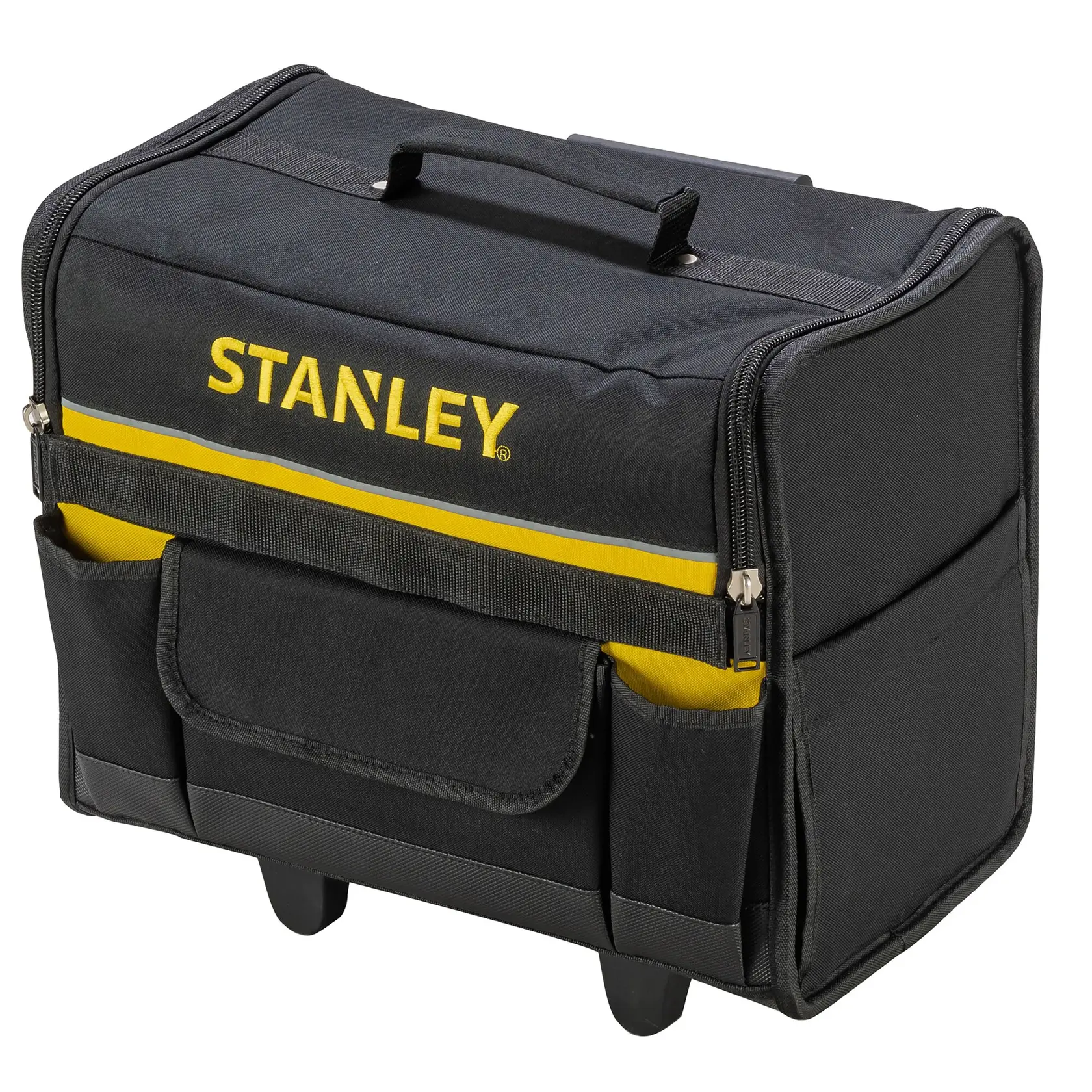 STANLEY 1-97-515 borsa porta attrezzi con manico, tessuto nero, striscia gialla, foto frontale.