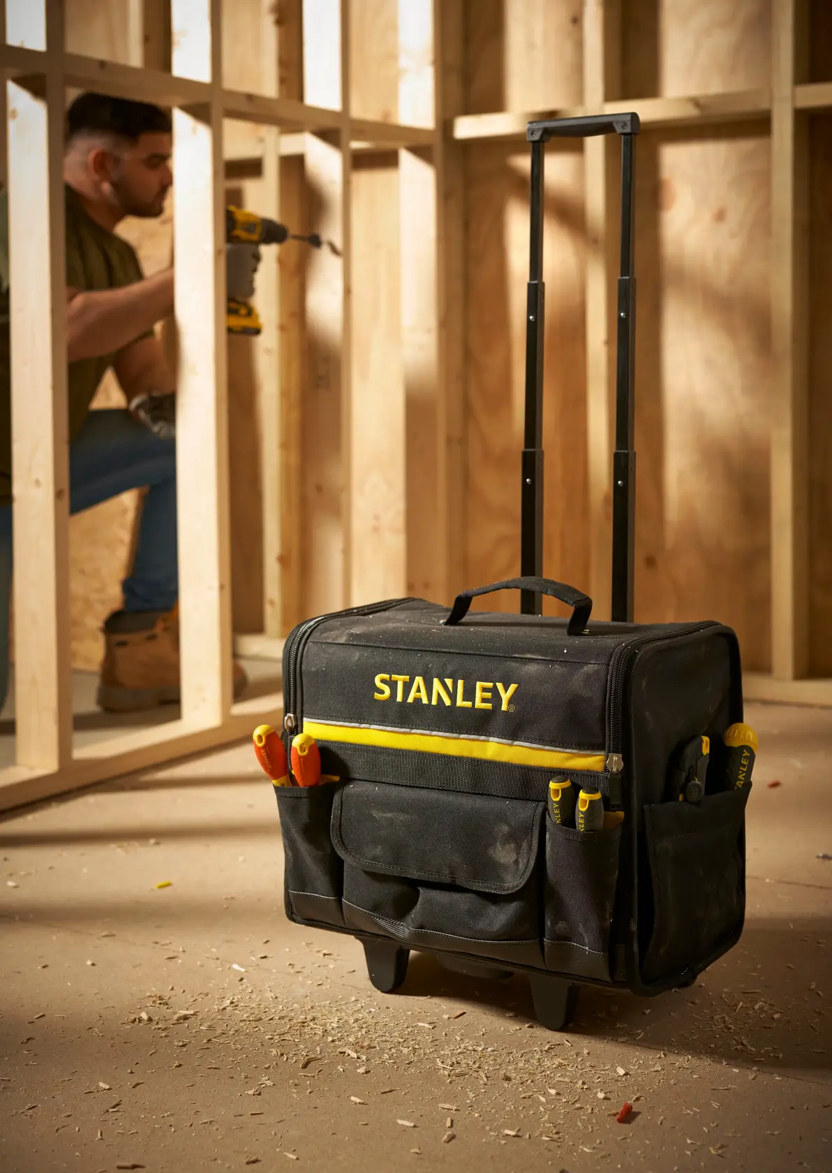 STANLEY 1-97-515 borsa porta attrezzi con ruote e manico telescopico in cantiere, vista frontale.
