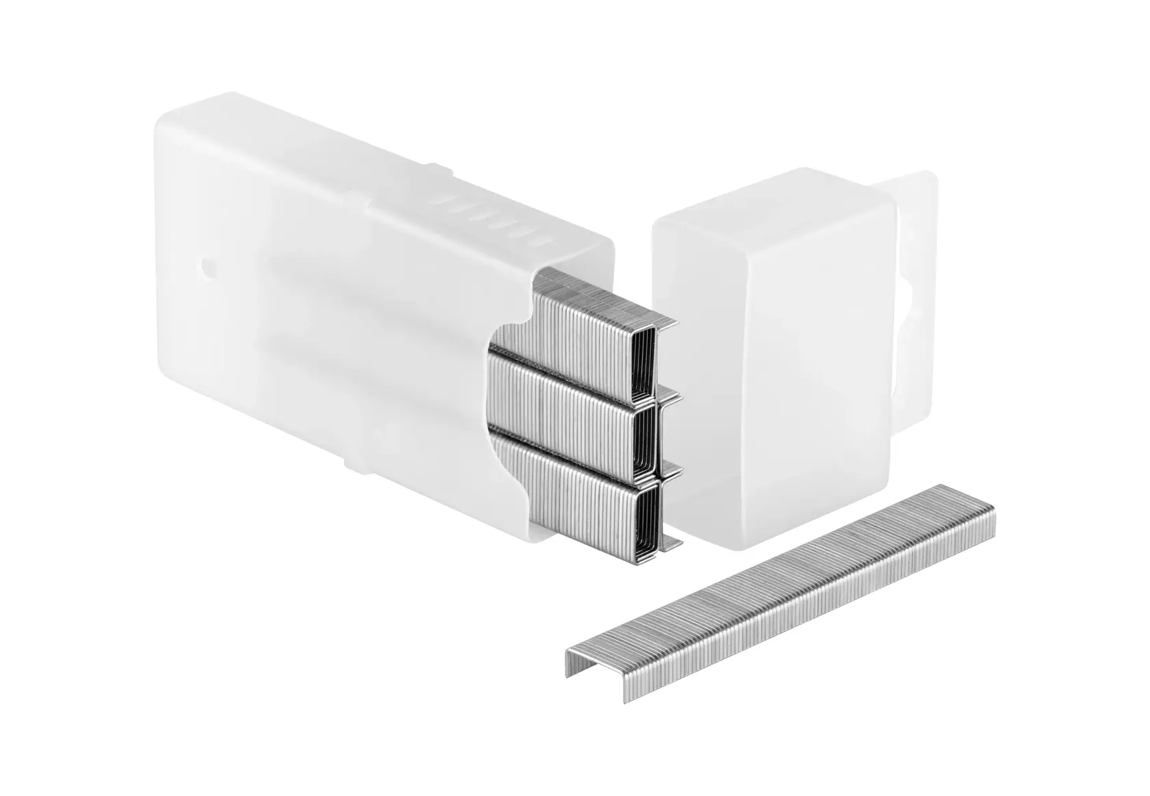 STANLEY 1-TRA202T confezione di graffette argentate in custodia di plastica bianca, vista angolata su sfondo bianco.