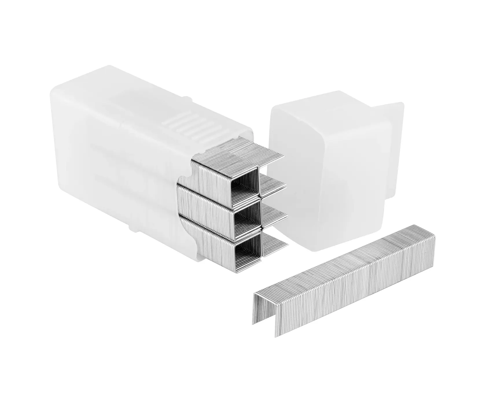 STANLEY 1-TRA208T punti metallici argentati in scatola di plastica bianca aperta, vista laterale, una striscia di punti davanti.