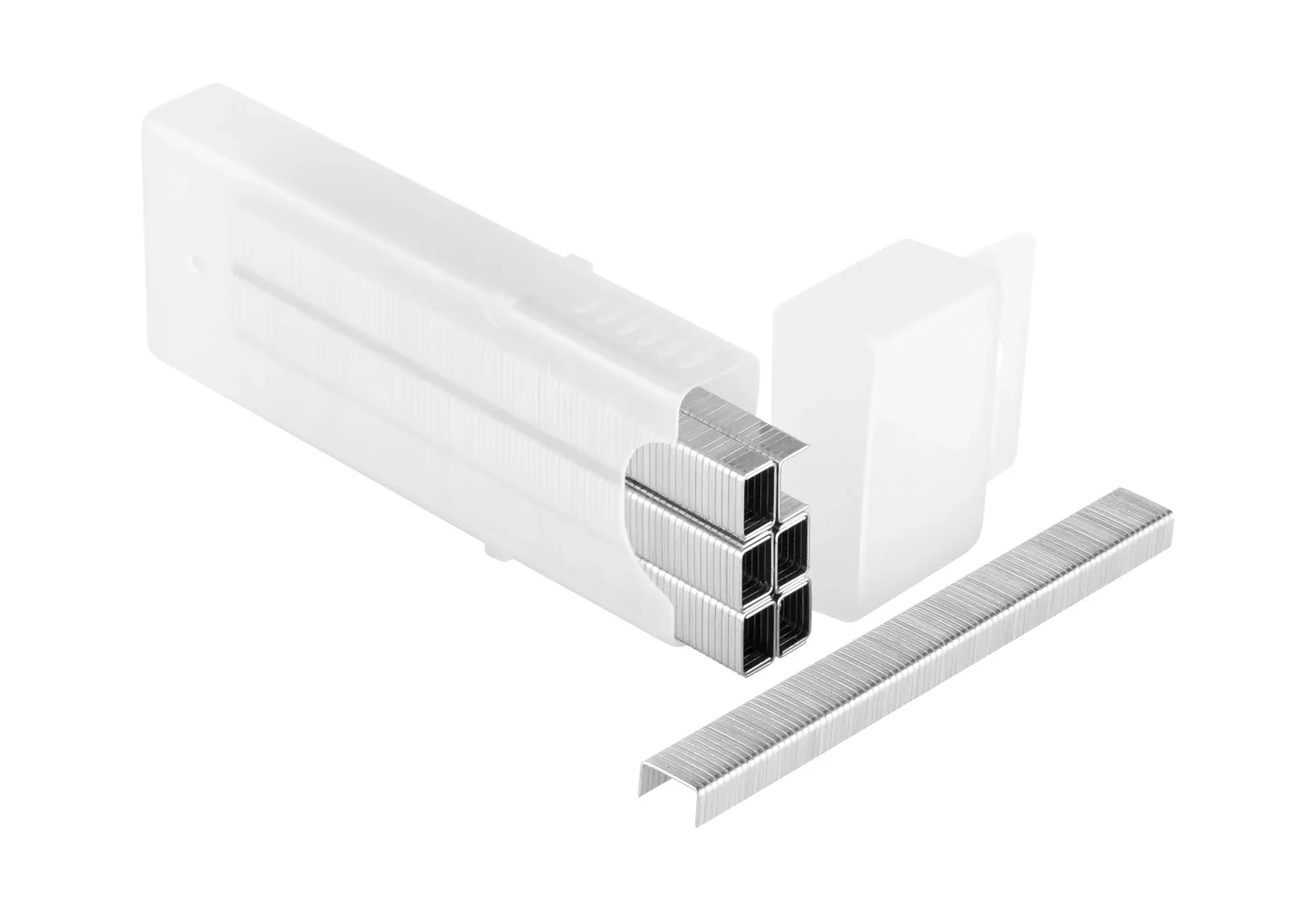 Fotografia STANLEY 1-TRA704T, confezione di punti metallici argentati con una striscia davanti, sfondo bianco.