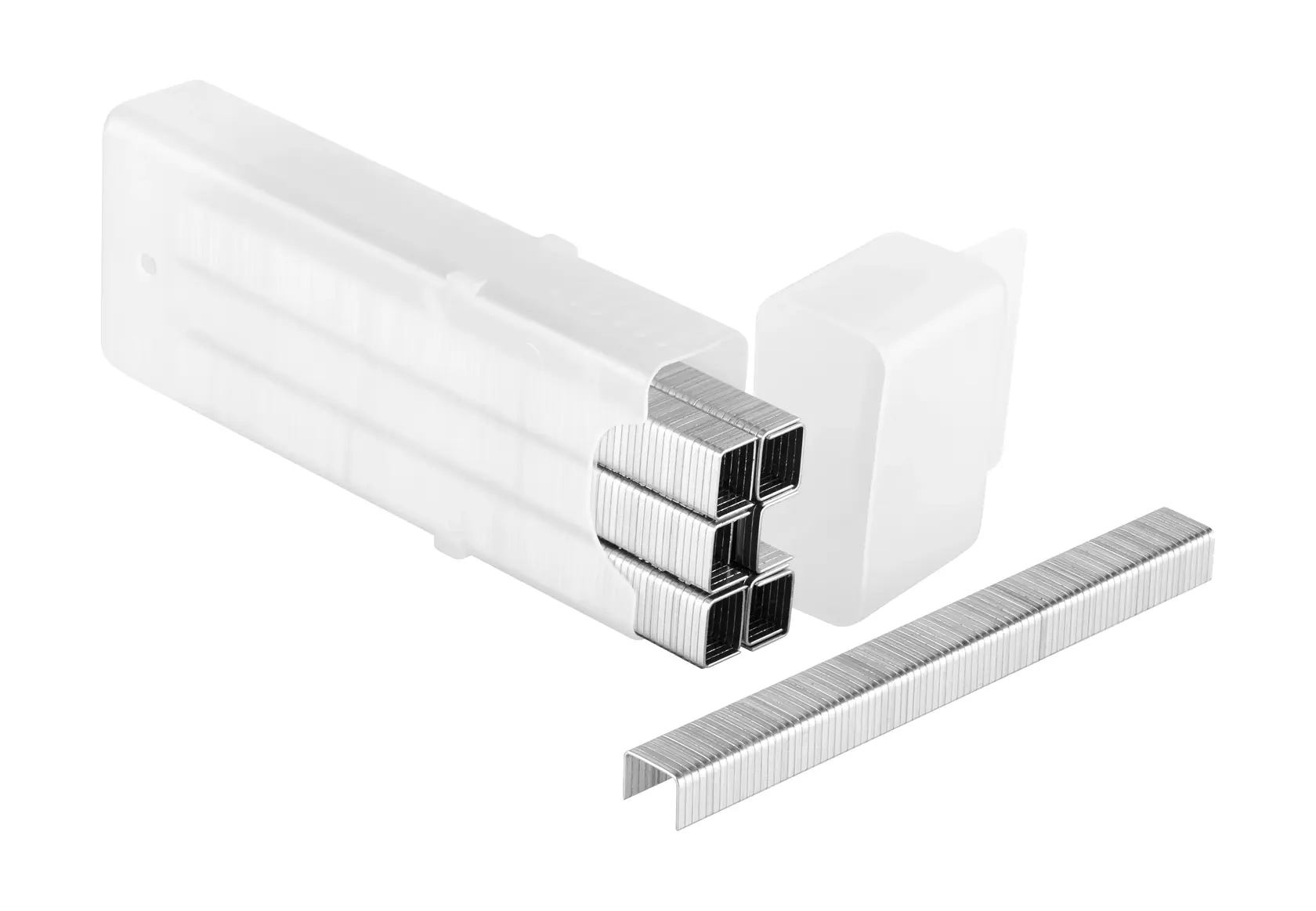 STANLEY 1-TRA705T punti metallici argento, primo piano di diverse file impilate, confezione parzialmente visibile, sfondo bianco.