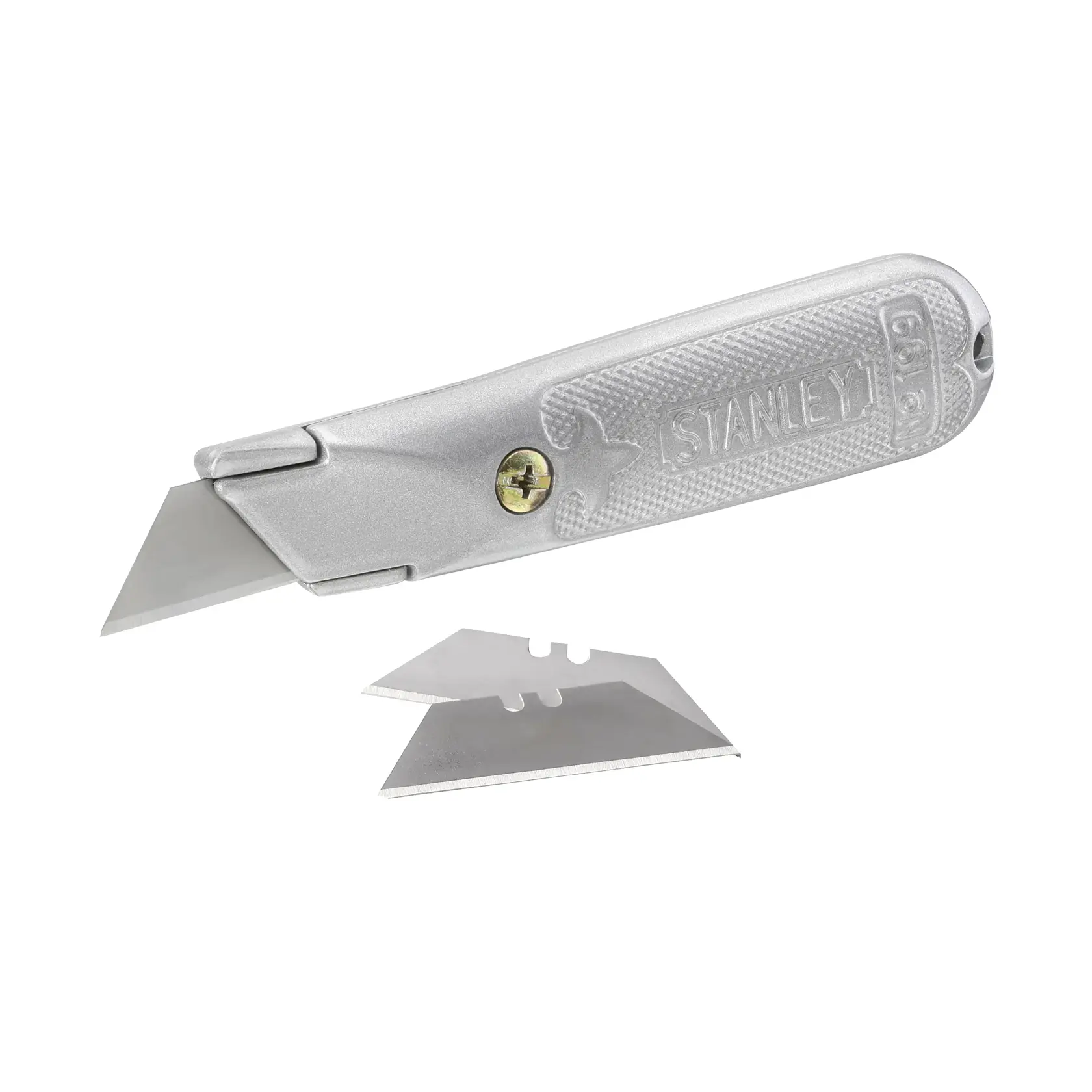 STANLEY 2-10-199 coltello universale con manico argento e due lame di ricambio, vista laterale.