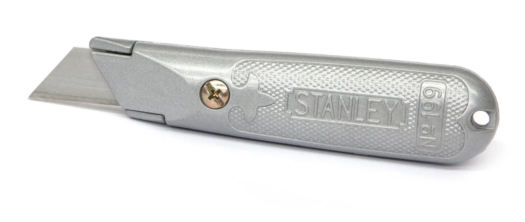 Coltello multiuso argento STANLEY 2-10-199 con impugnatura testurizzata, vista laterale su sfondo bianco.