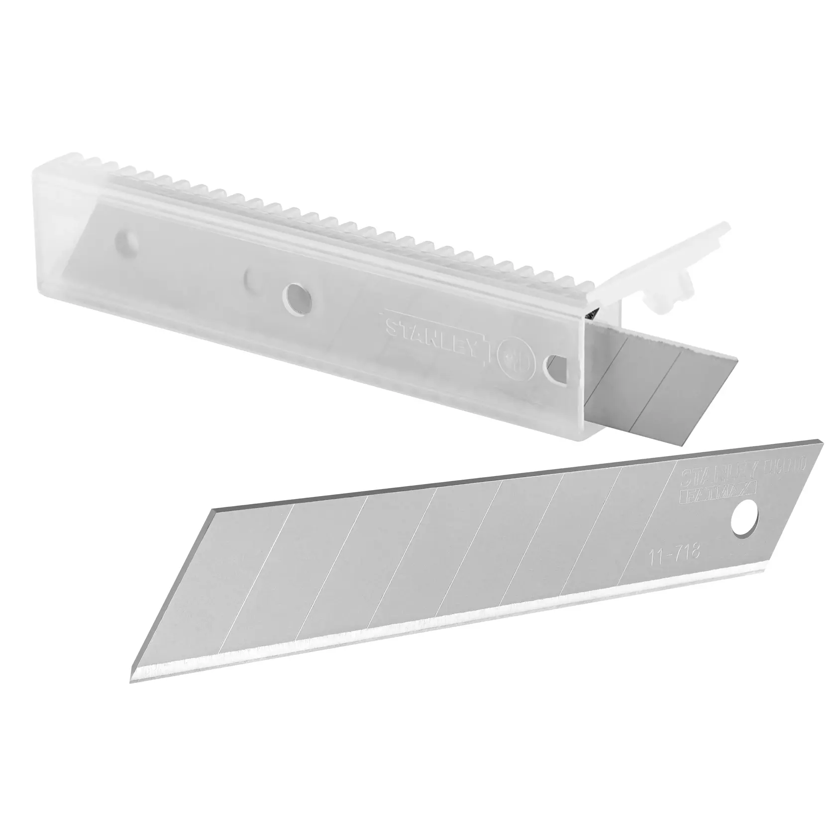 STANLEY 2-11-718 lame per cutter con custodia in plastica, vista laterale, finitura metallica argento.