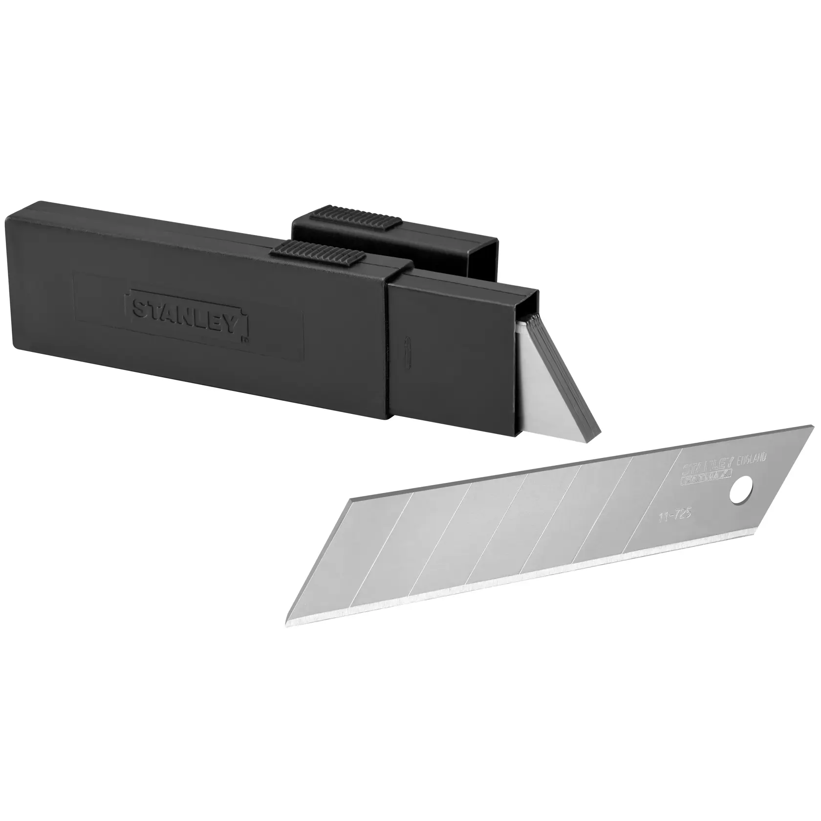 STANLEY 2-11-725 lame a spezzare con dispenser in plastica nera, vista laterale.