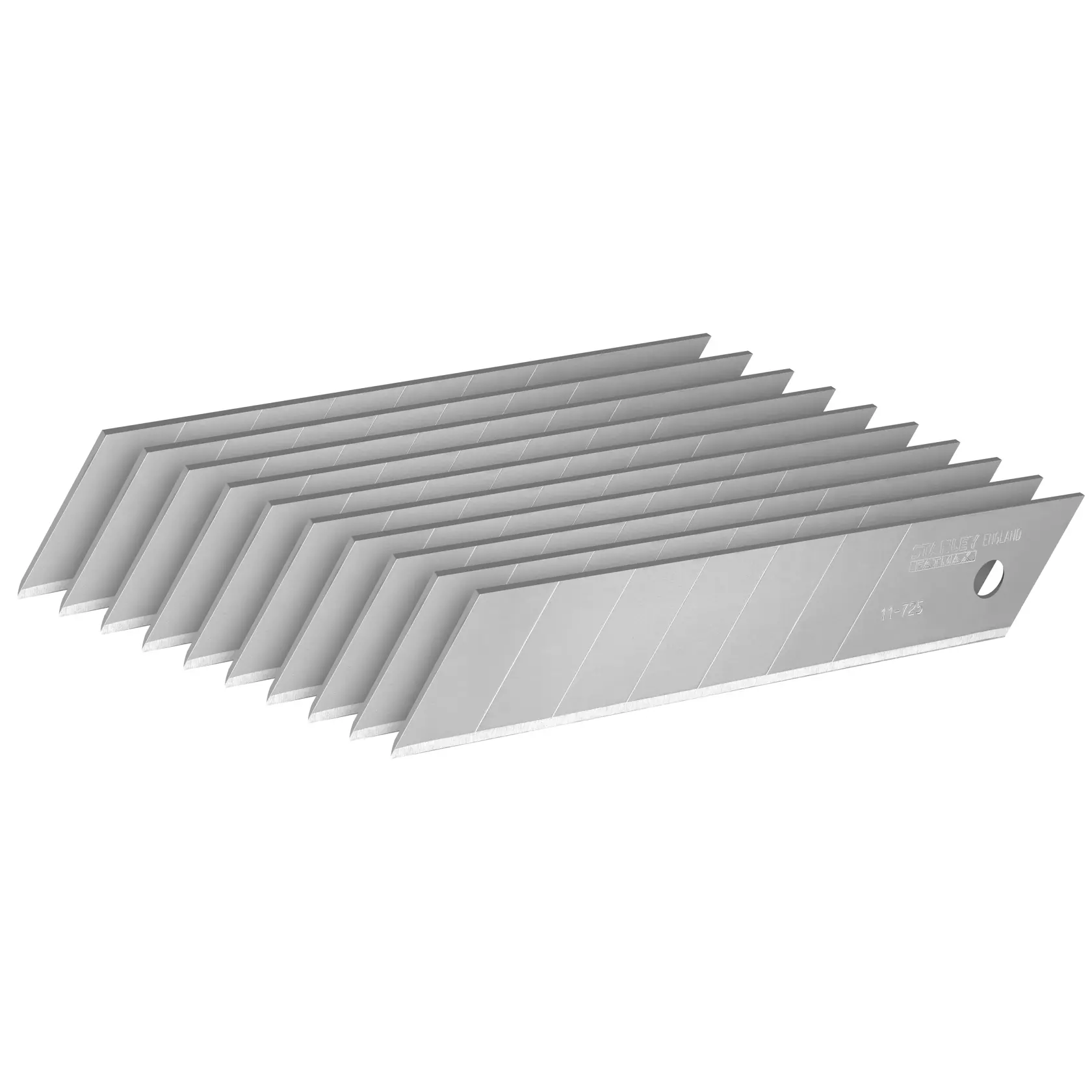STANLEY 2-11-725 lame segmentate per cutter, colore argento, impilate in diagonale, foto su sfondo bianco.