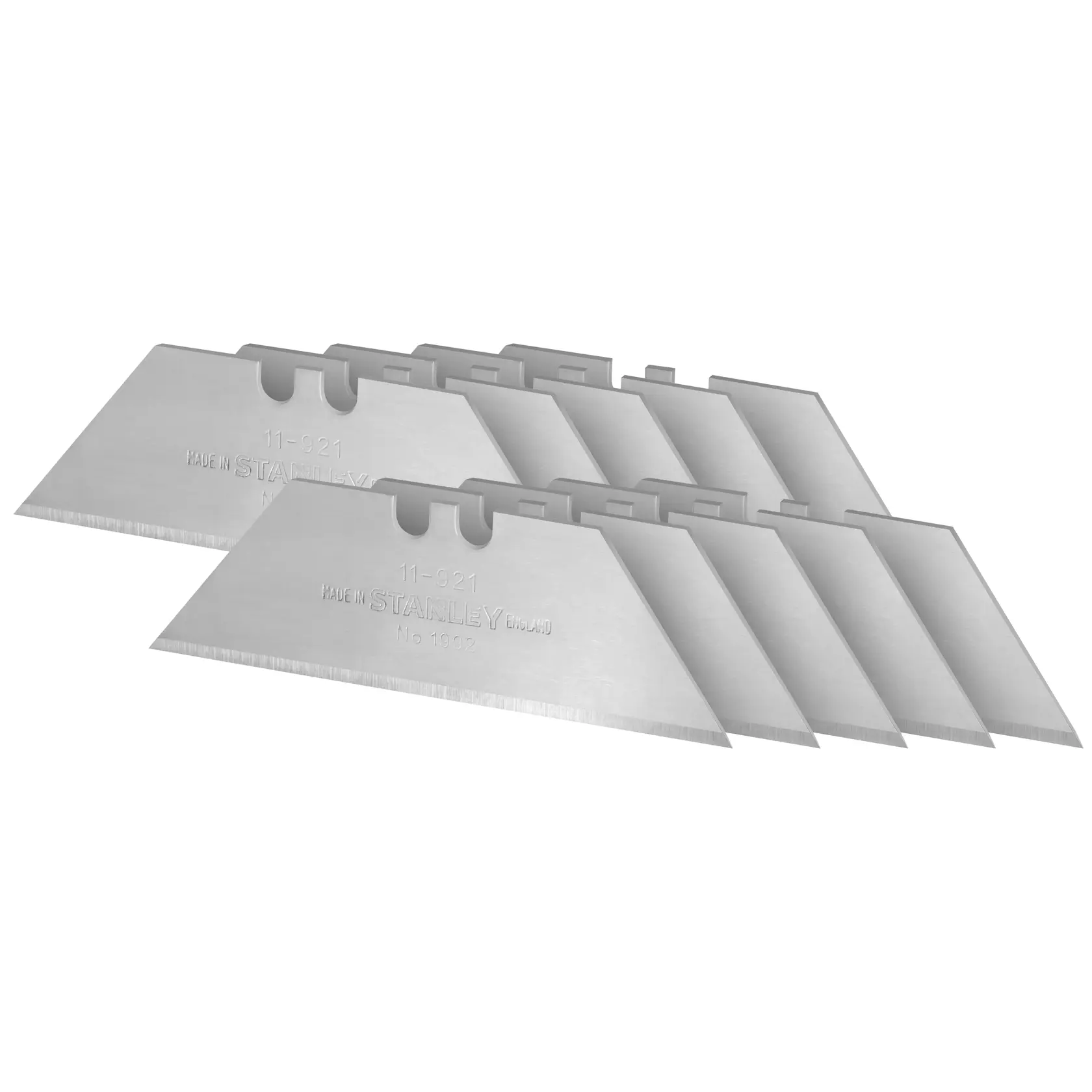 STANLEY 2-11-921 lame per cutter, colore argento, fotografia angolata di lame impilate.