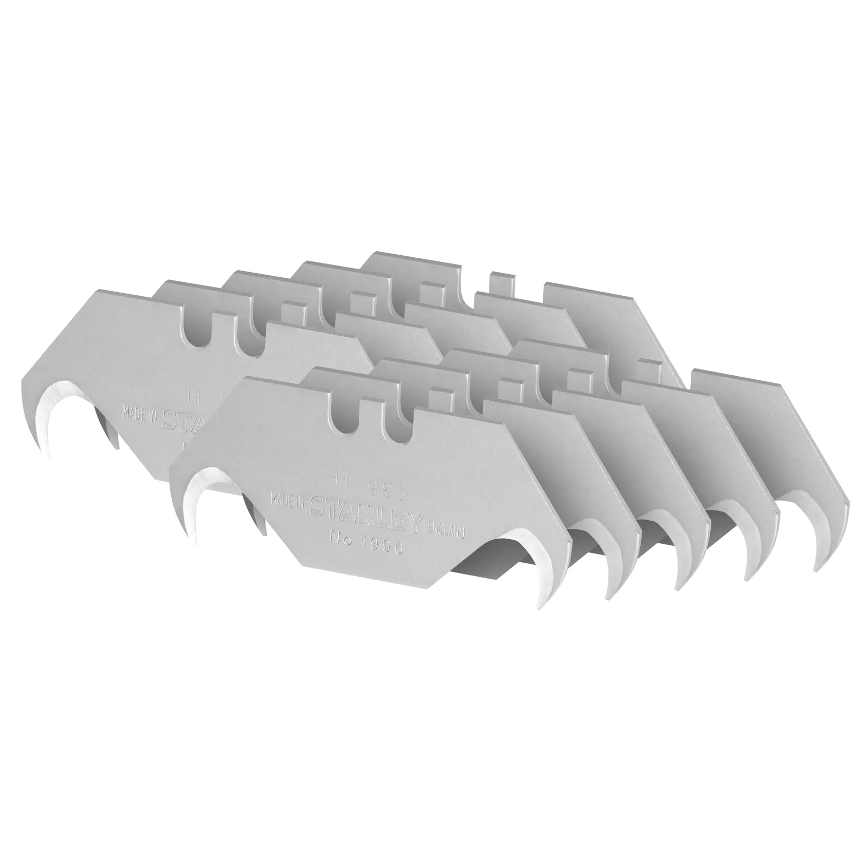 Fotografia STANLEY 2-11-983, set di lame uncinate per cutter, colore argento, vista angolata su sfondo bianco.