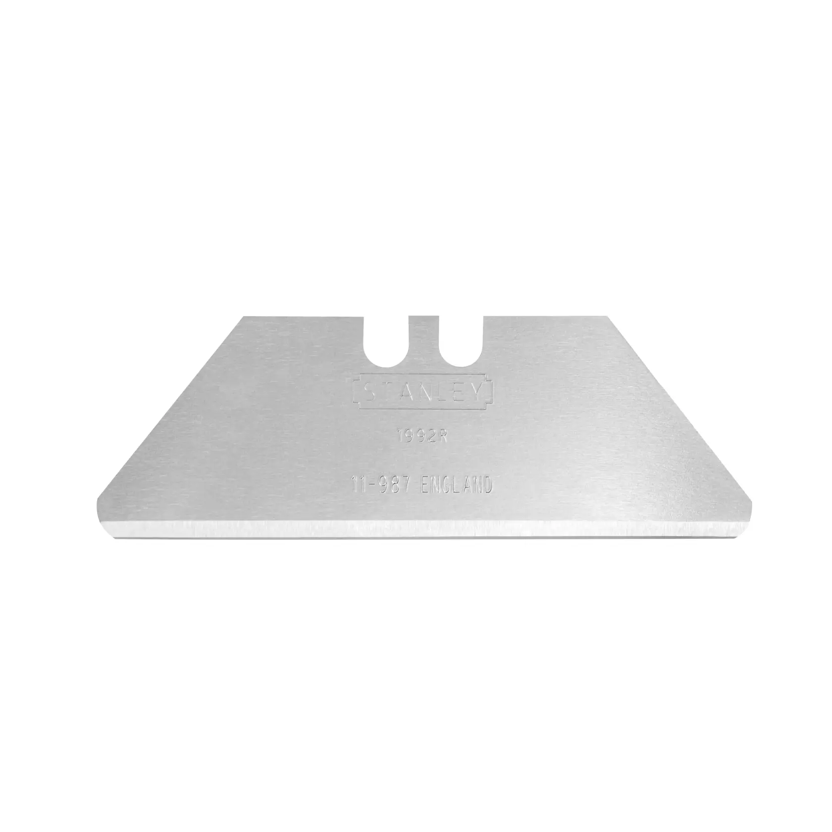 Lama per cutter STANLEY 2-11-987, metallo argentato, bordo affilato, vista frontale, sfondo bianco.