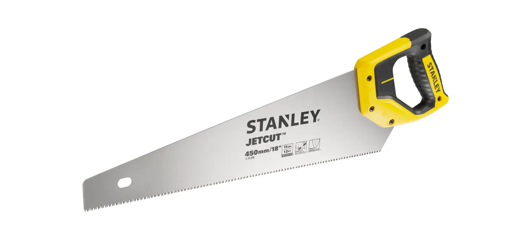 Foto del segaccio STANLEY 2-15-595 con manico giallo e nero, lama JetCut da 450mm, vista laterale su sfondo bianco.