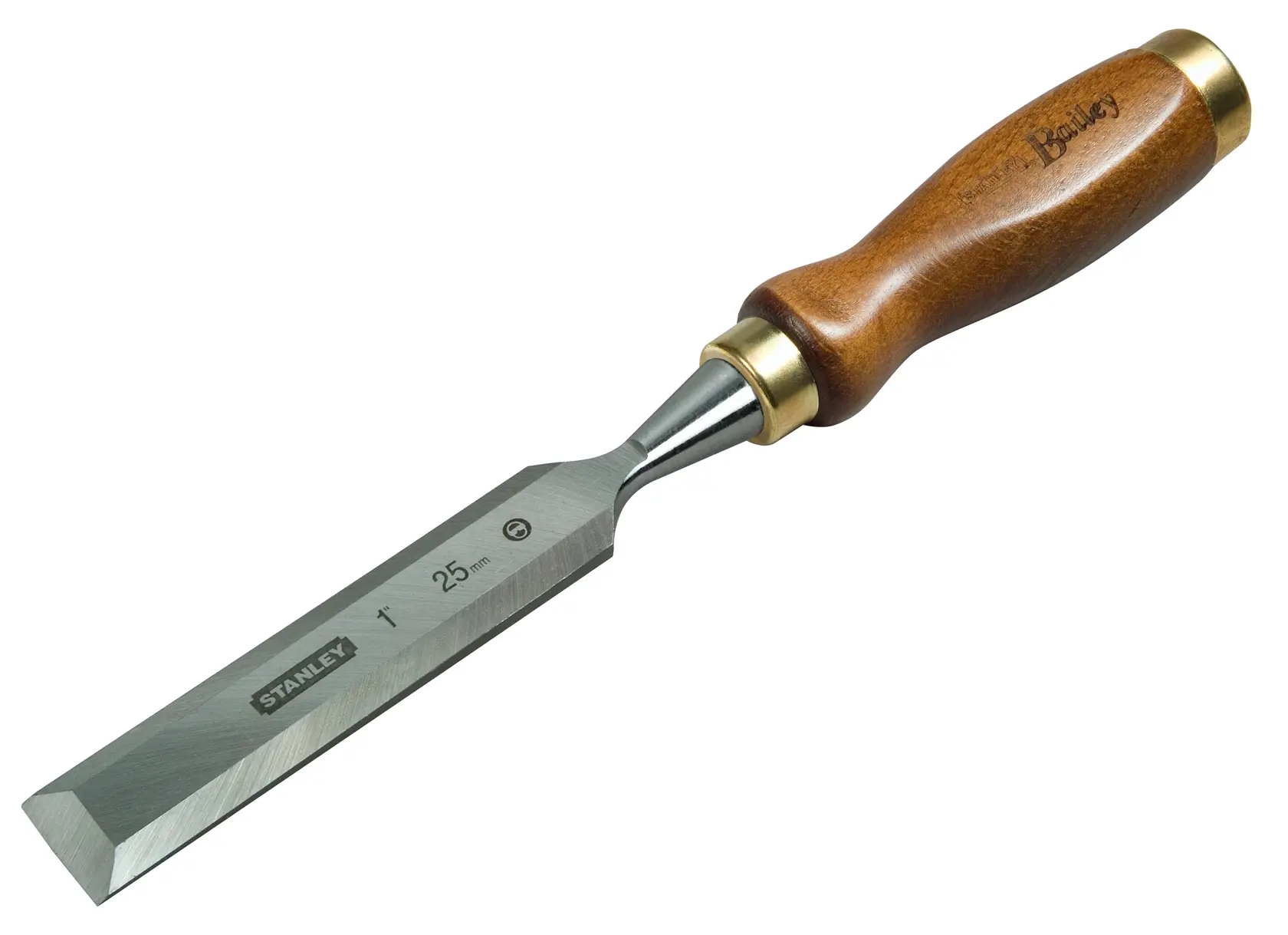 STANLEY 2-16-392 scalpello per legno con lama in acciaio lucido e manico in legno, foto angolo frontale.