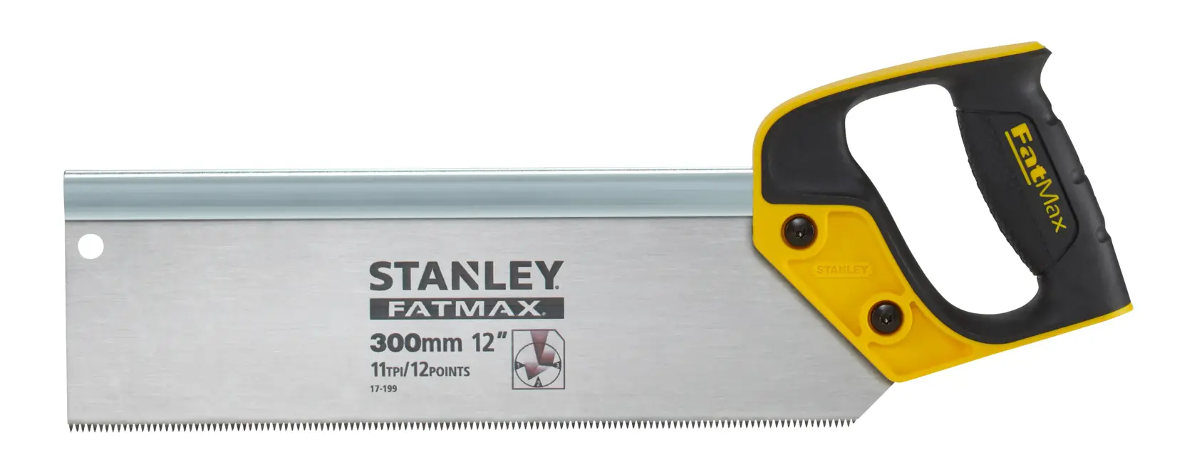 Fotografia STANLEY 2-17-199, sega a dorso FatMax 300mm con manico giallo e nero, vista laterale su sfondo bianco.