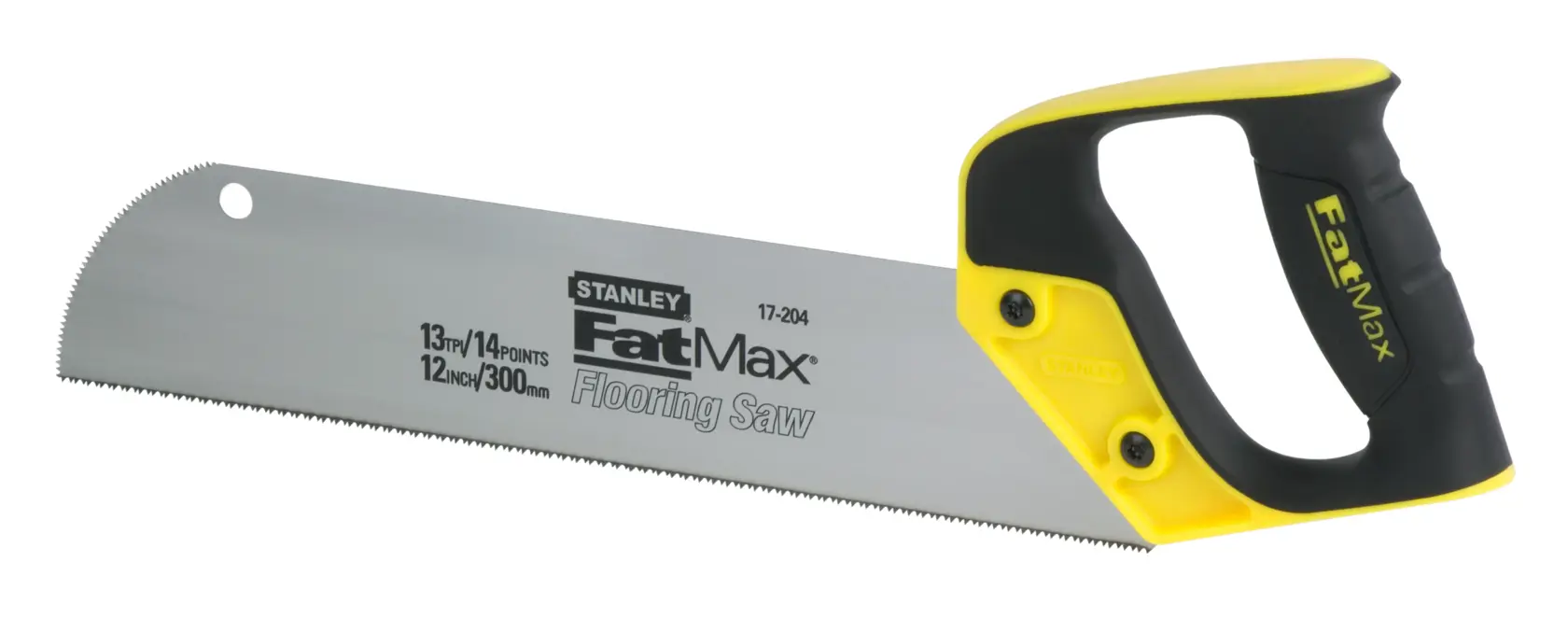 Foto del seghetto per pavimenti STANLEY 2-17-204 FatMax con manico ergonomico nero e giallo, vista laterale su sfondo bianco.