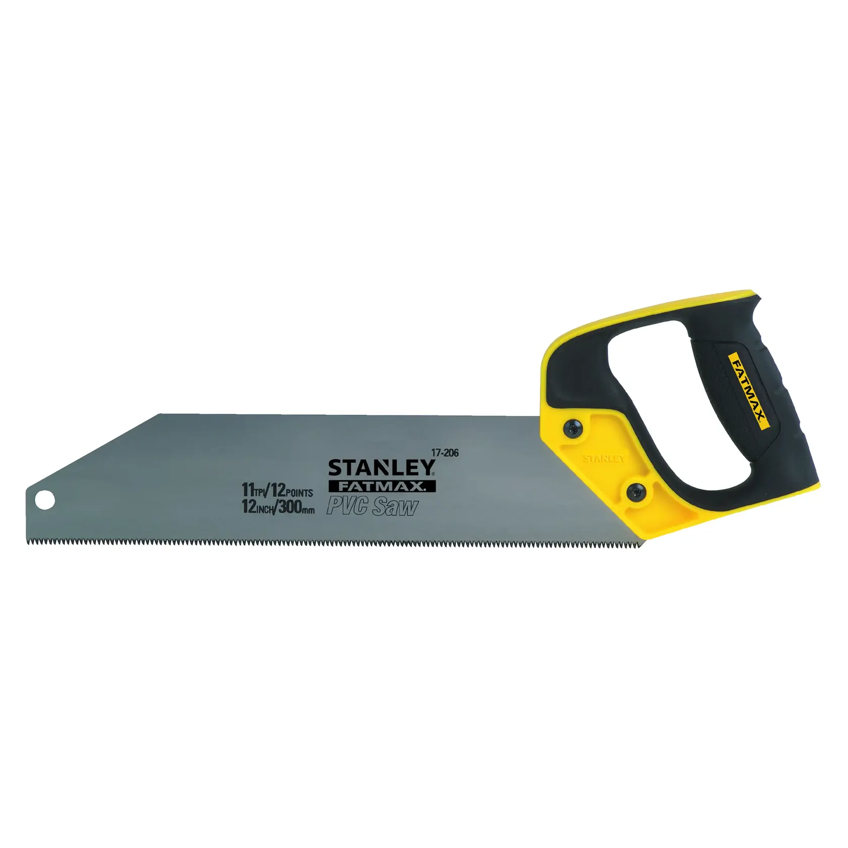 STANLEY 2-17-206 sega manuale con manico ergonomico giallo e nero, lama dritta, vista laterale, prodotto fotografico.