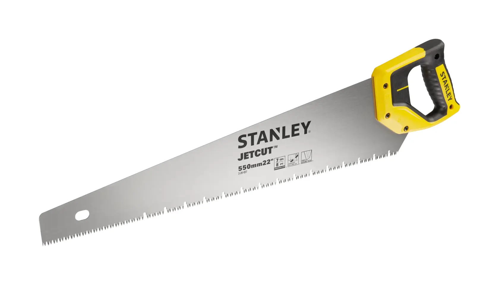 STANLEY 2-20-037 sega manuale con manico giallo e nero, angolo laterale, sfondo bianco.