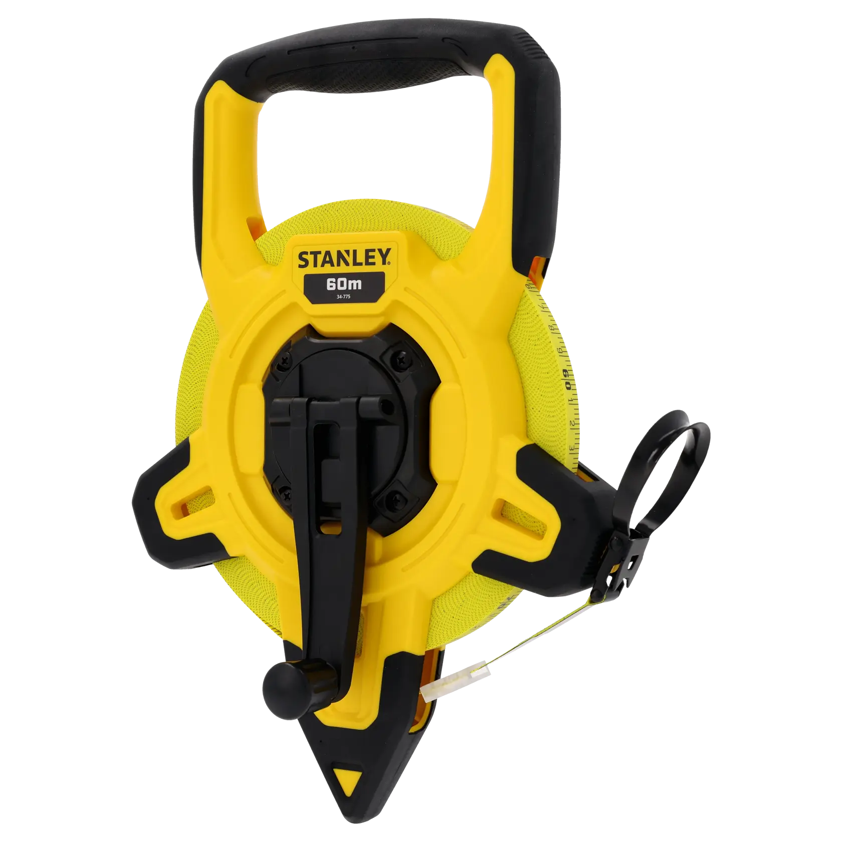 STANLEY 2-34-775 metro a nastro a bobina aperta, 60m, giallo e nero, vista frontale su sfondo bianco.