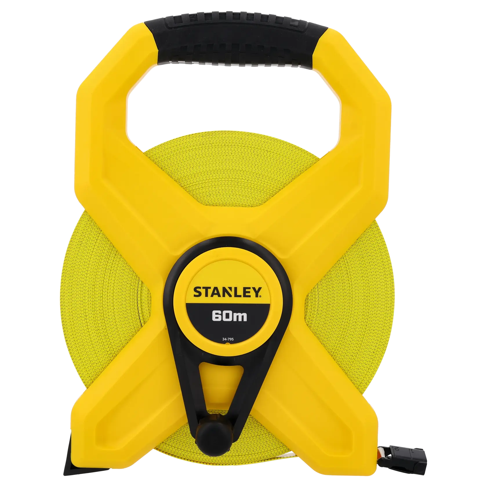 STANLEY 2-34-795 metro a nastro, 60m, giallo e nero, angolo frontale su sfondo bianco, design a manovella.