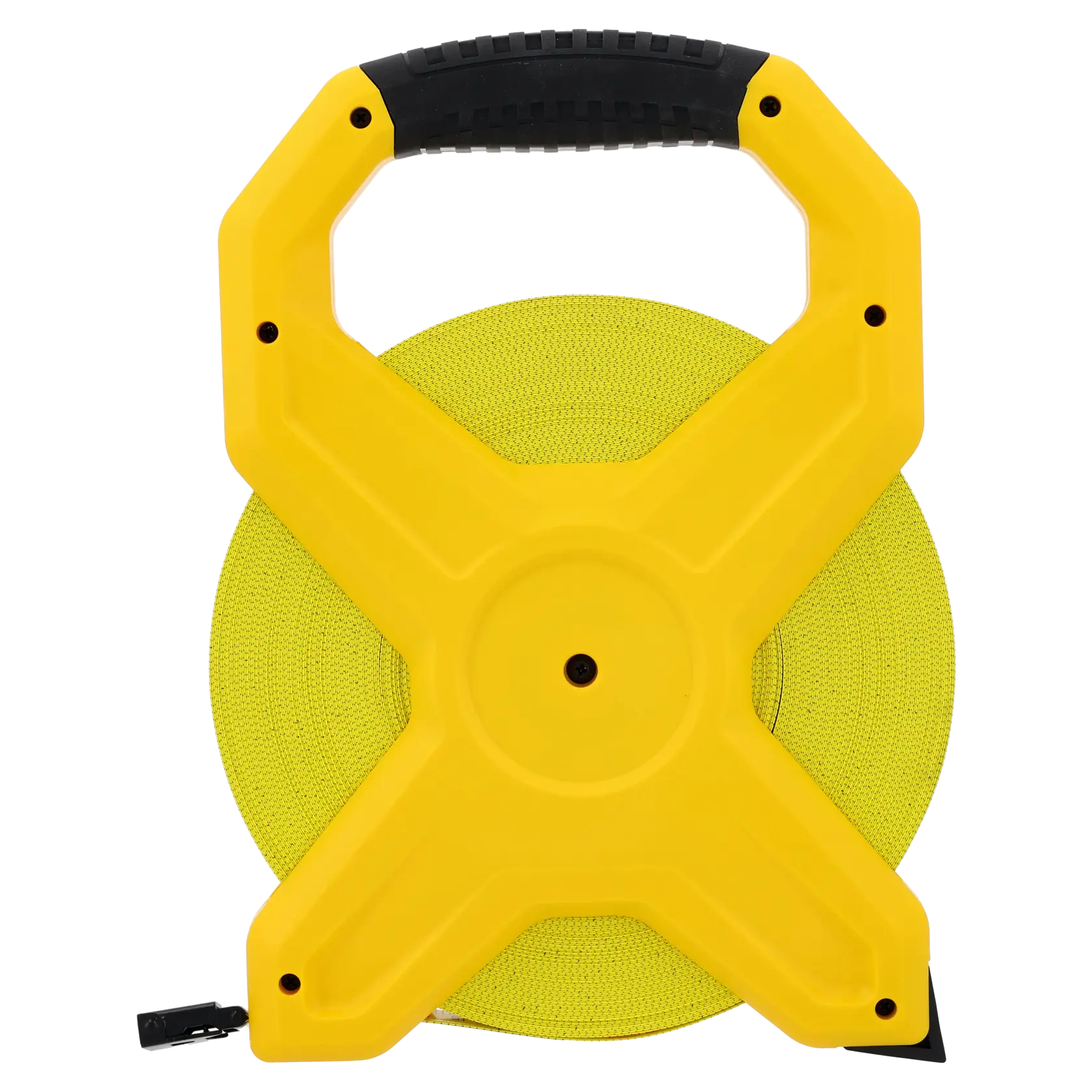 STANLEY 2-34-795 metro a nastro in fibra di vetro giallo con bobina aperta, vista frontale su sfondo bianco.
