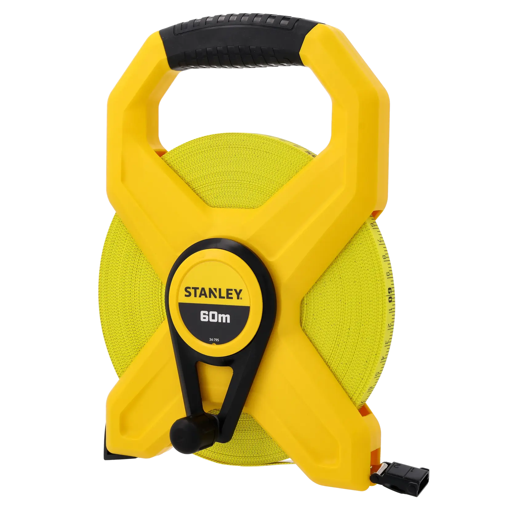 STANLEY 2-34-795 metro a nastro aperto giallo 60m, manico ergonomico, sfondo bianco, fotografia prodotto.